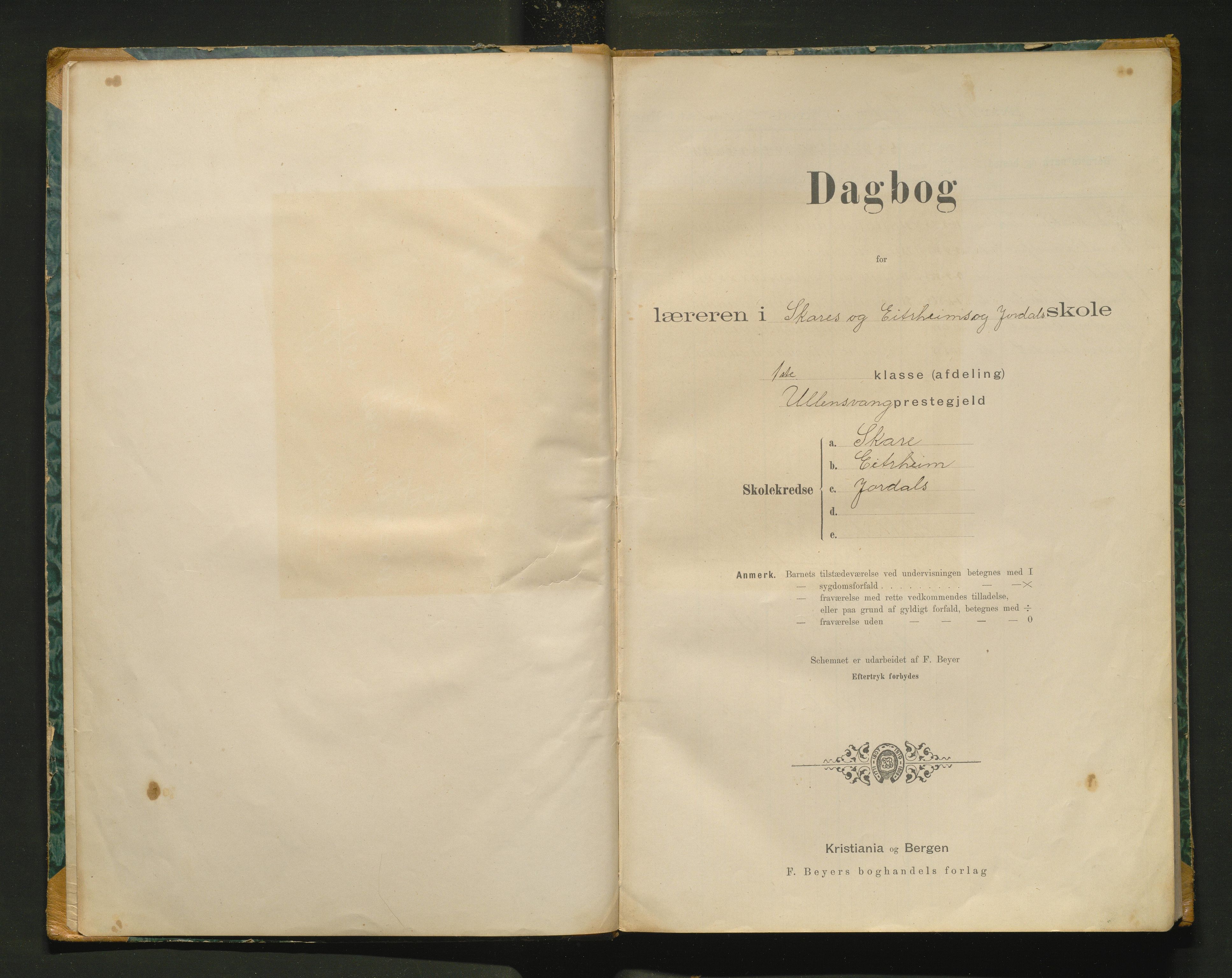 Odda kommune. Barneskulane , IKAH/1228-231/G/Gf/L0002: Dagbok for læraren i Jøsendal, Vintertun, Reinsnos og Skare krinsar, 1891-1909