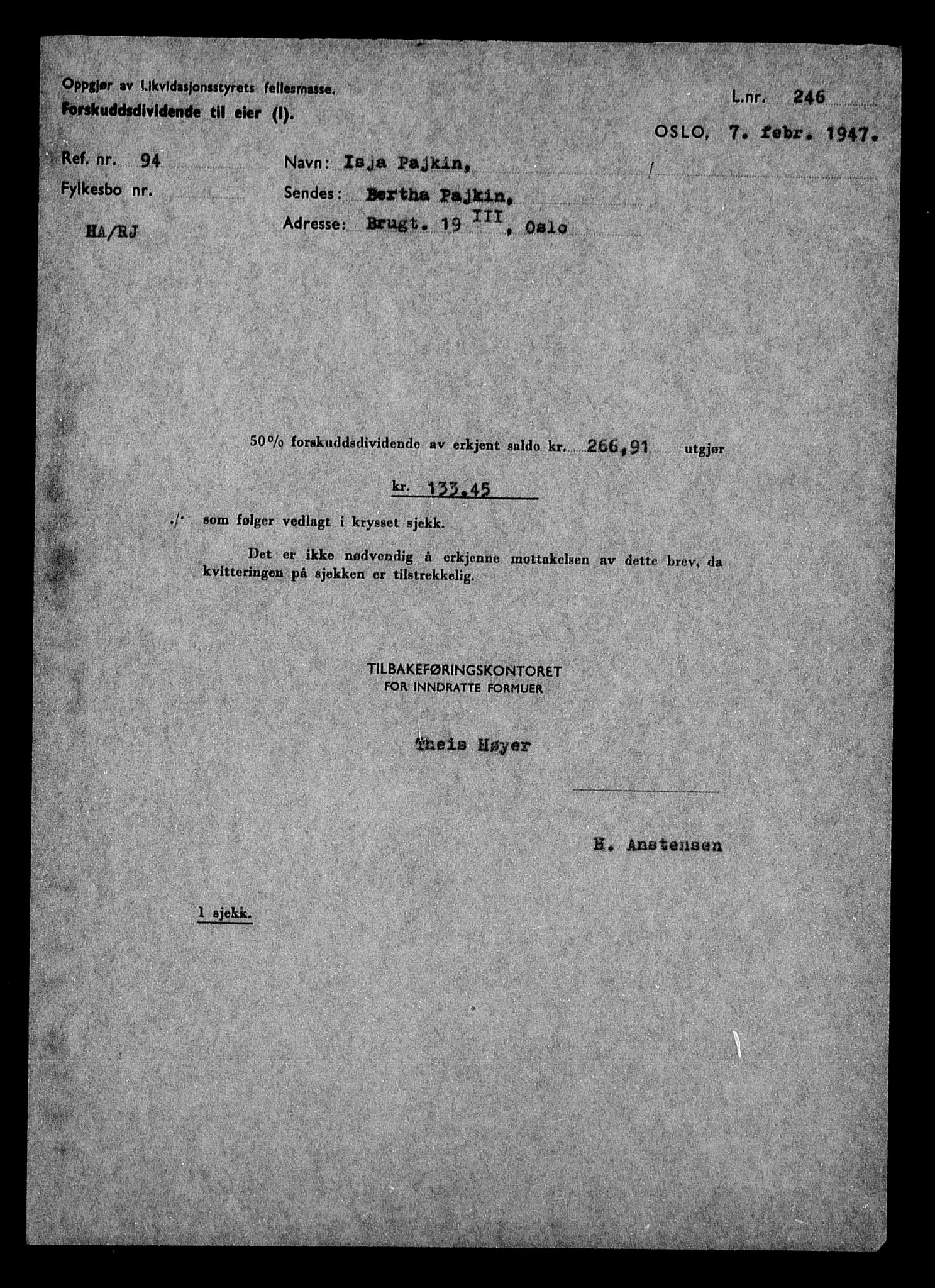 Justisdepartementet, Tilbakeføringskontoret for inndratte formuer, AV/RA-S-1564/H/Hc/Hcc/L0968: --, 1945-1947, s. 155