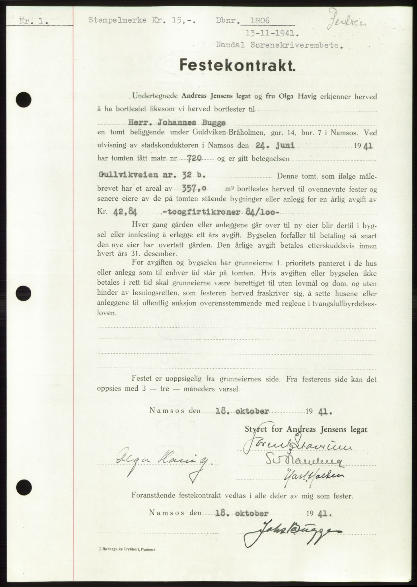 Namdal sorenskriveri, SAT/A-4133/1/2/2C: Pantebok nr. -, 1941-1942, Dagboknr: 1806/1941