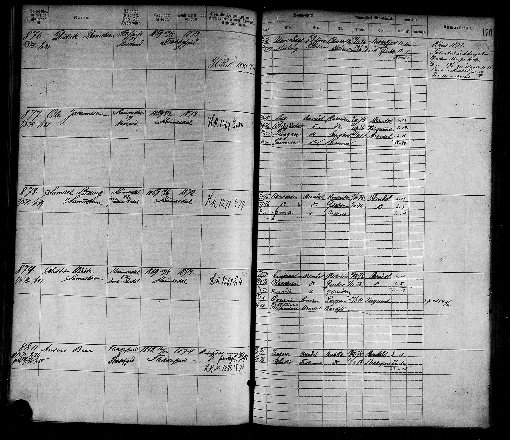 Flekkefjord mønstringskrets, SAK/2031-0018/F/Fa/L0002: Annotasjonsrulle nr 1-1920 med register, N-2, 1870-1891, s. 201