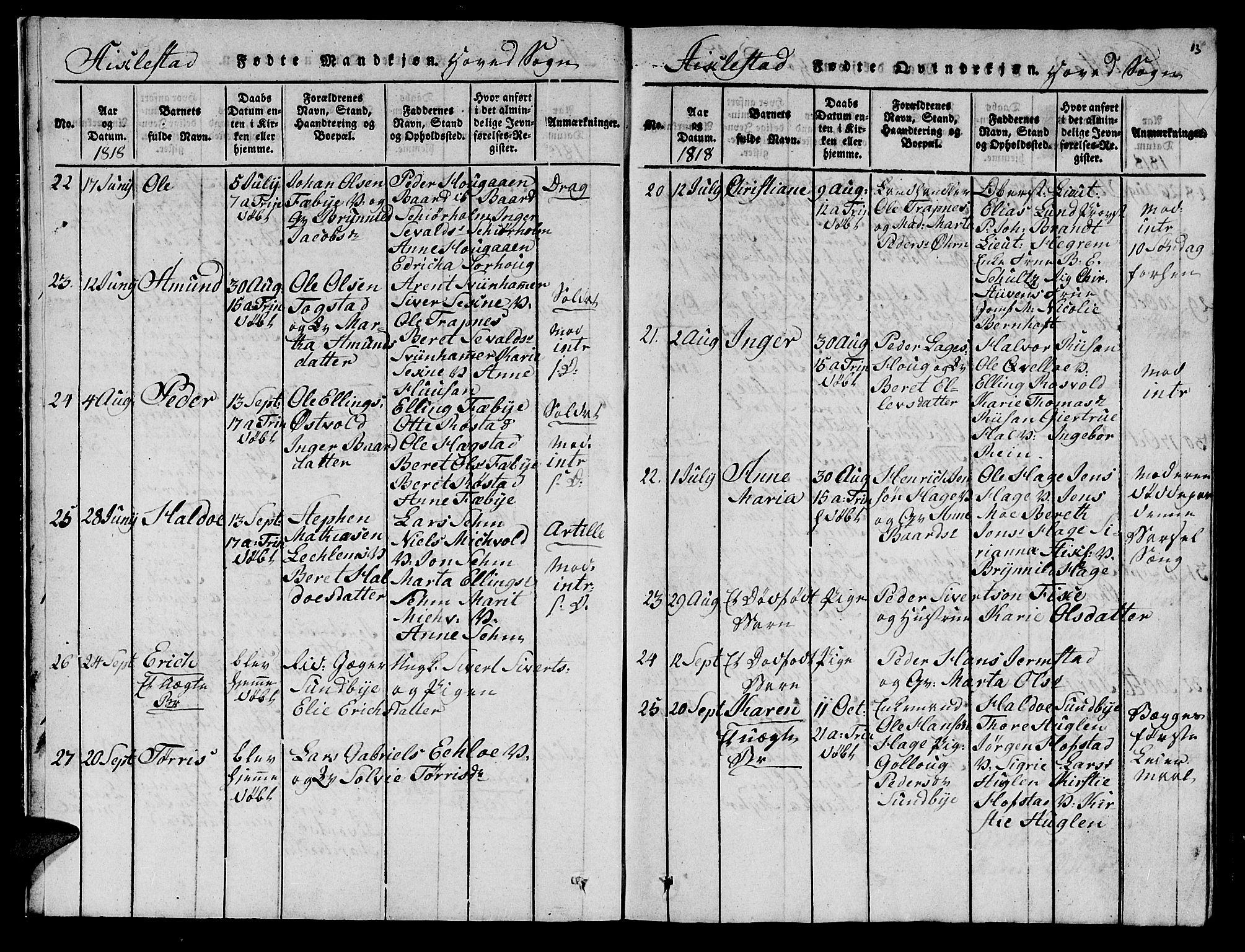Ministerialprotokoller, klokkerbøker og fødselsregistre - Nord-Trøndelag, SAT/A-1458/723/L0251: Klokkerbok nr. 723C01 /1, 1816-1831, s. 13