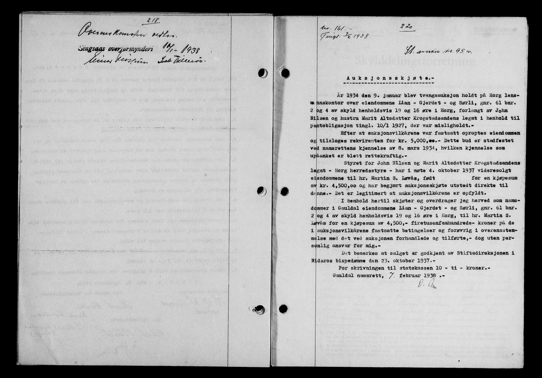 Gauldal sorenskriveri, SAT/A-0014/1/2/2C/L0048: Pantebok nr. 51-52, 1937-1938, s. 218, Dagboknr: 161/1938