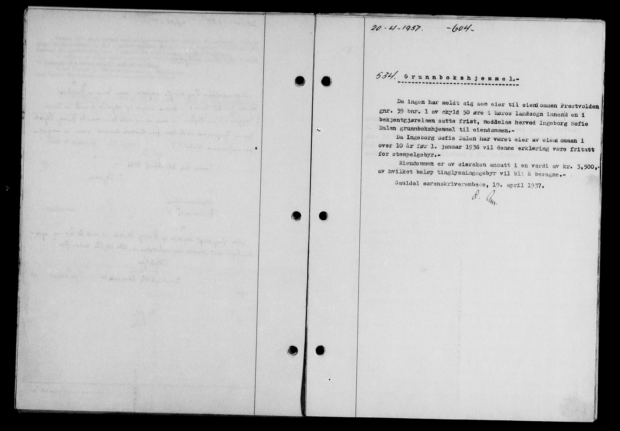 Gauldal sorenskriveri, SAT/A-0014/1/2/2C/L0047: Pantebok nr. 50-51, 1937-1937, Dagboknr: 534/1937