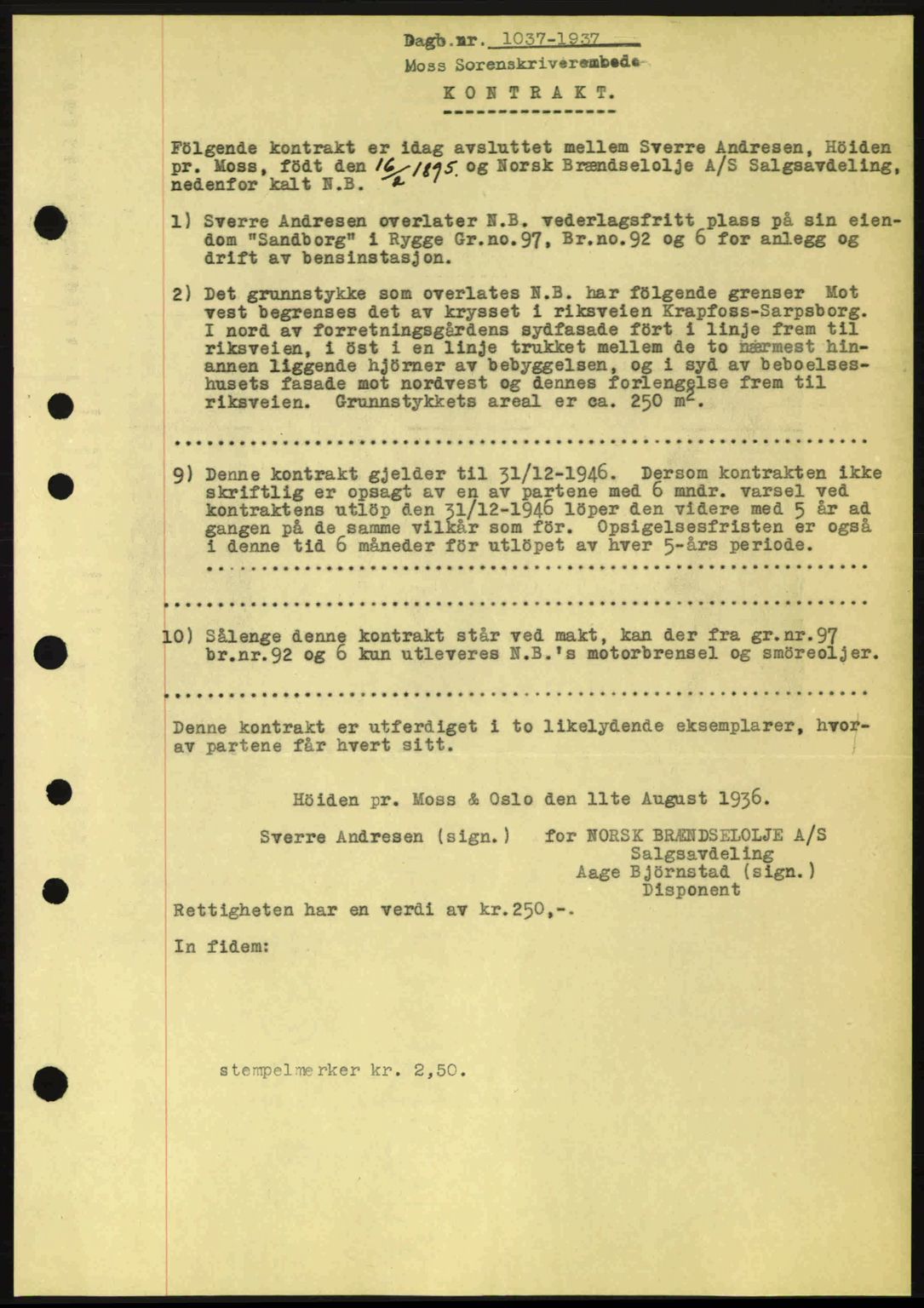 Moss sorenskriveri, SAO/A-10168: Pantebok nr. B3, 1937-1937, Dagboknr: 1037/1937