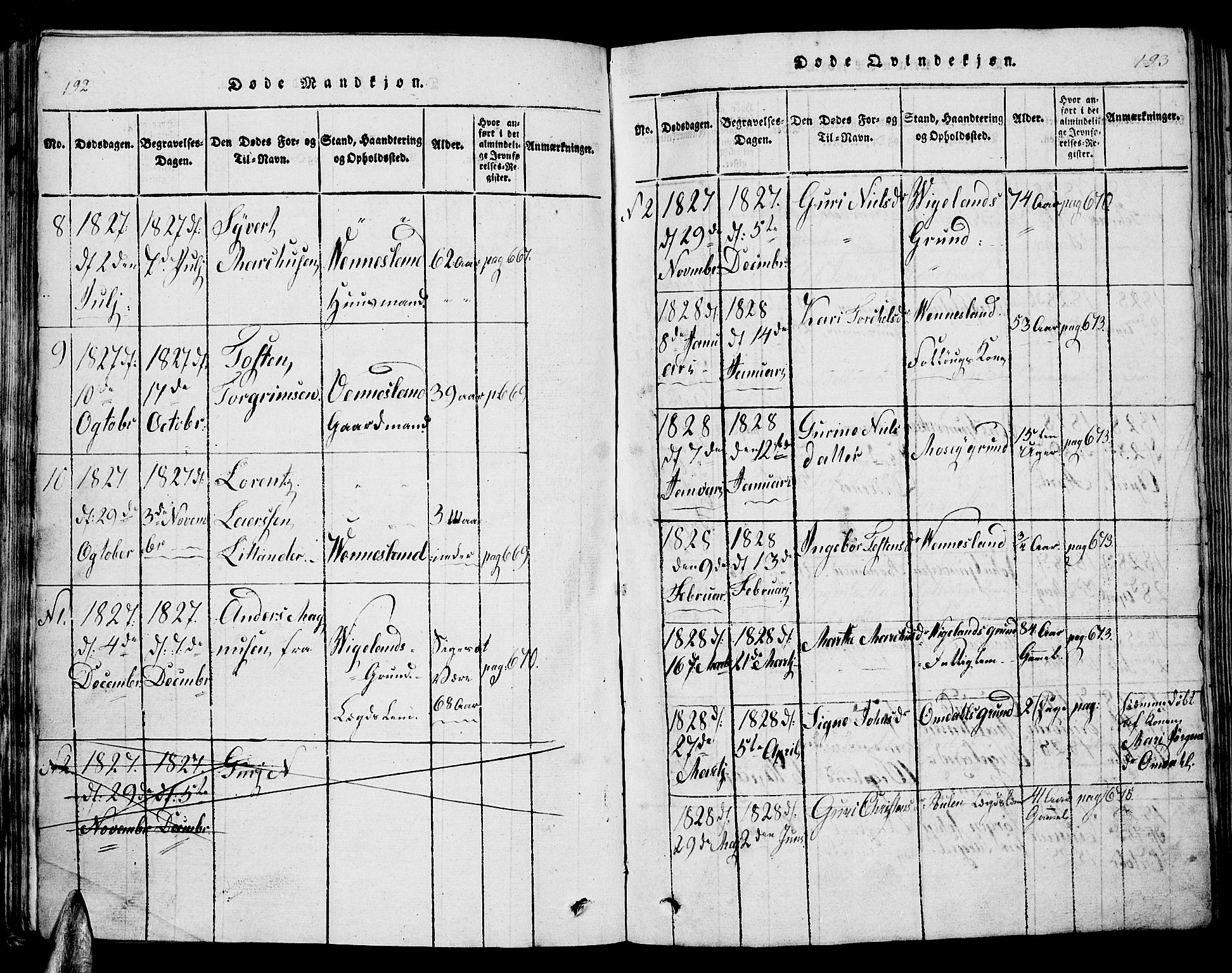 Vennesla sokneprestkontor, AV/SAK-1111-0045/Fb/Fbb/L0001: Klokkerbok nr. B 1, 1820-1834, s. 192-193