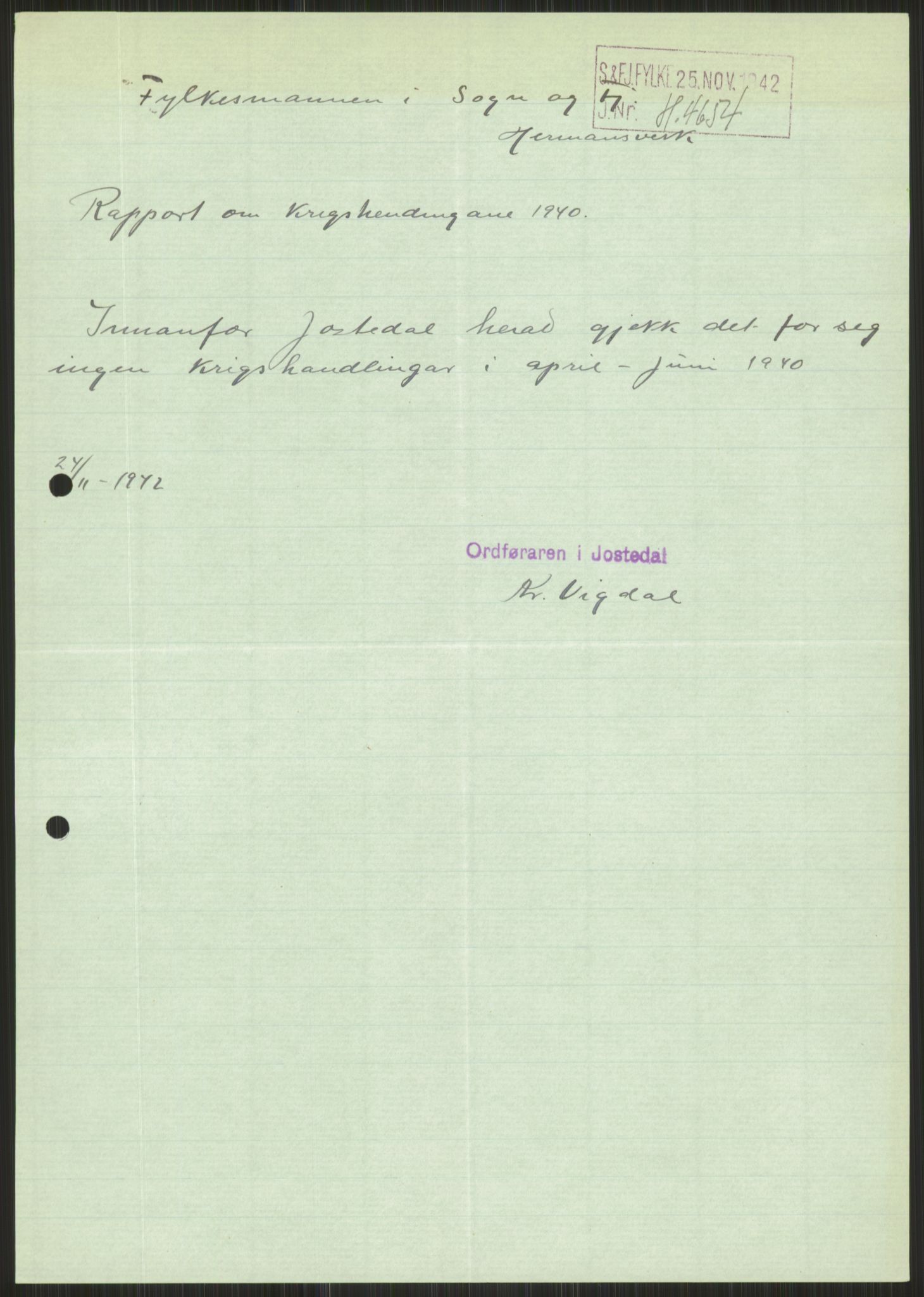 Forsvaret, Forsvarets krigshistoriske avdeling, AV/RA-RAFA-2017/Y/Ya/L0015: II-C-11-31 - Fylkesmenn.  Rapporter om krigsbegivenhetene 1940., 1940, s. 536