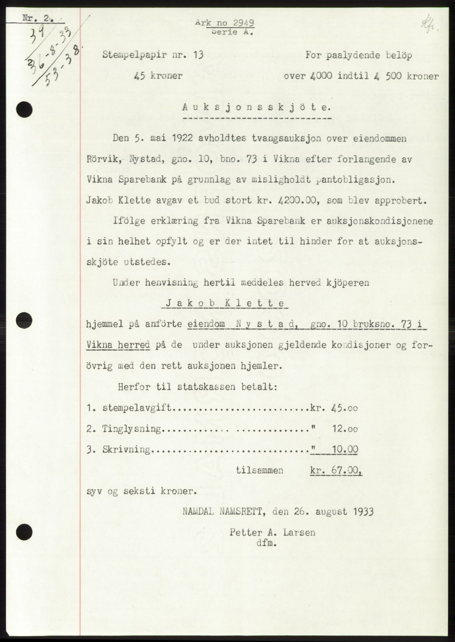 Namdal sorenskriveri, AV/SAT-A-4133/1/2/2C: Pantebok nr. -, 1931-1934, Tingl.dato: 06.08.1933