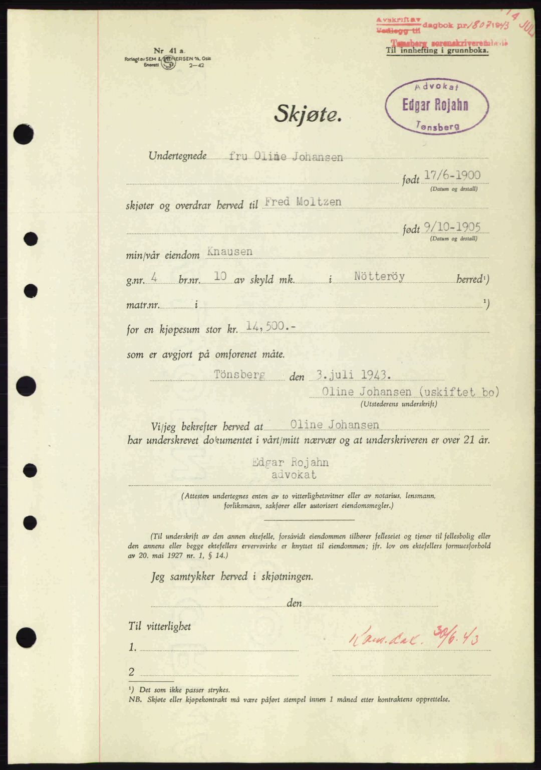 Tønsberg sorenskriveri, AV/SAKO-A-130/G/Ga/Gaa/L0013: Pantebok nr. A13, 1943-1943, Dagboknr: 1807/1943