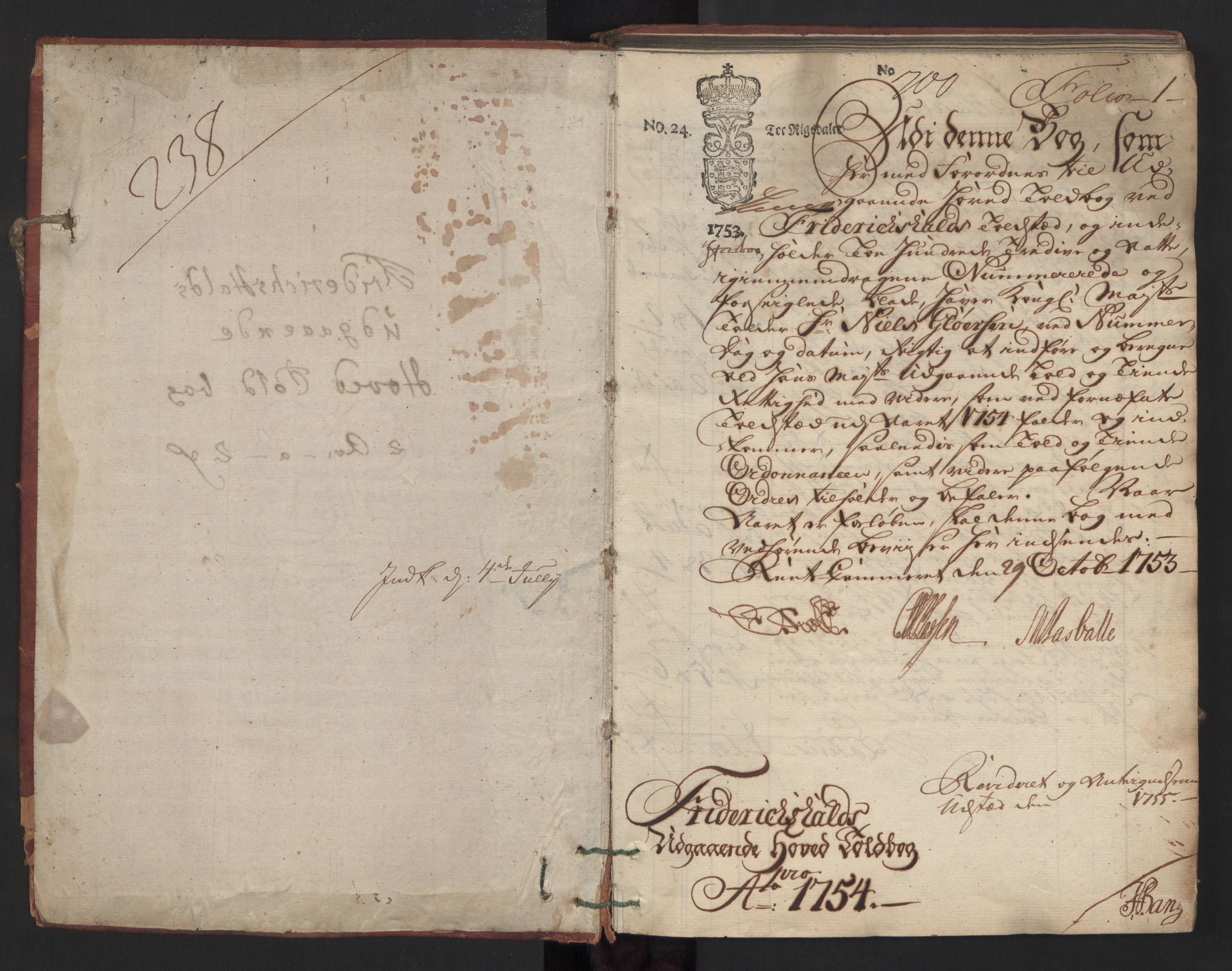 Generaltollkammeret, tollregnskaper, RA/EA-5490/R01/L0023/0001: Tollregnskaper Fredrikshald / Utgående hovedtollbok, 1754