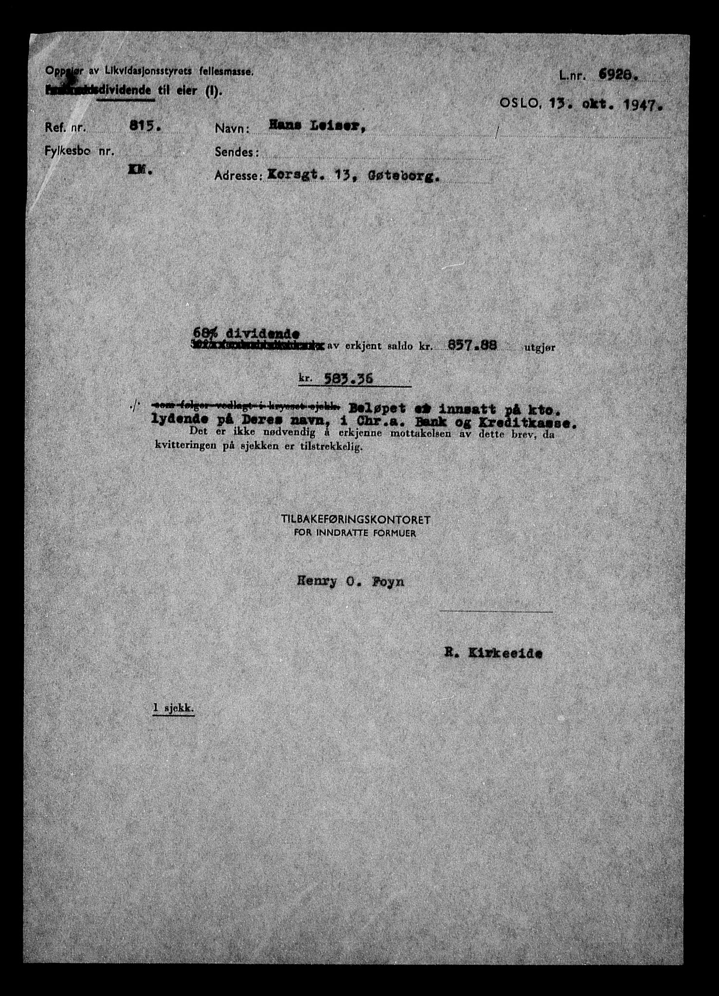 Justisdepartementet, Tilbakeføringskontoret for inndratte formuer, AV/RA-S-1564/H/Hc/Hcc/L0956: --, 1945-1947, s. 9