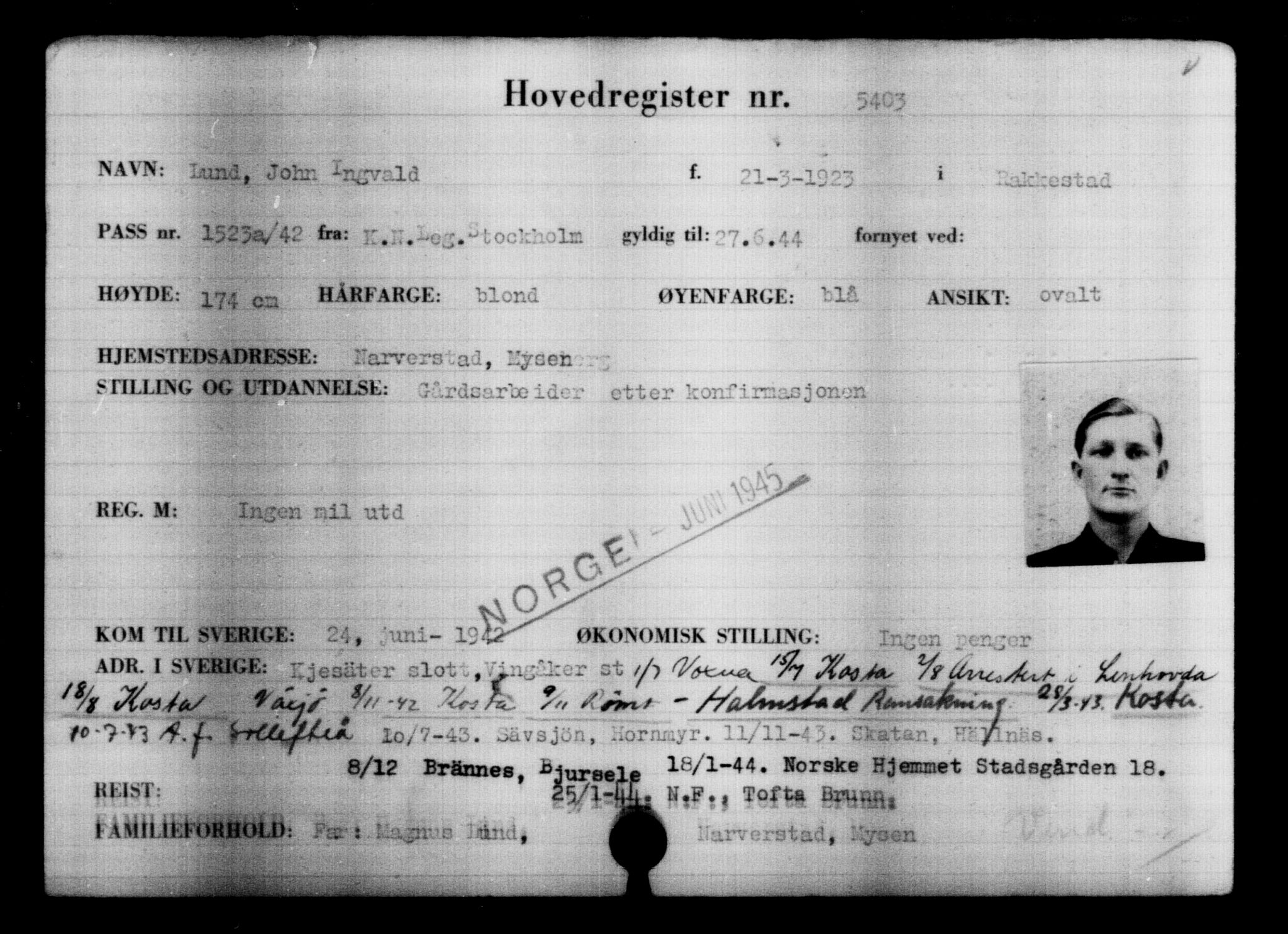 Utenriksstasjonene, Legasjonen i Stockholm, Flyktningkontoret, AV/RA-S-6753/V/Va/L0004: Kjesäterkartoteket, flyktninger med registreringsnr. 3496-6610, 1940-1945, s. 2199