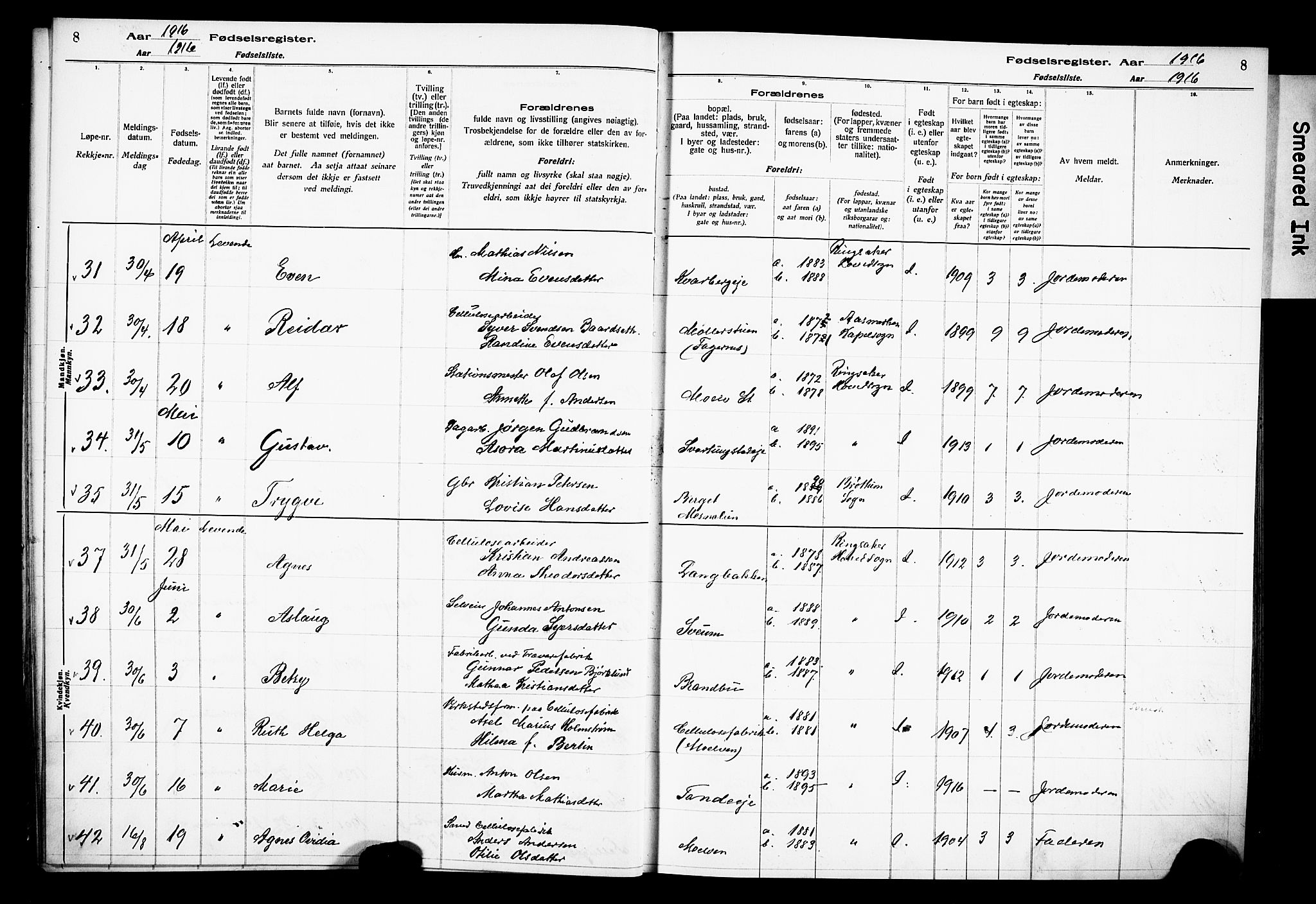 Ringsaker prestekontor, AV/SAH-PREST-014/O/Oa/L0001: Fødselsregister nr. 1, 1916-1925, s. 8