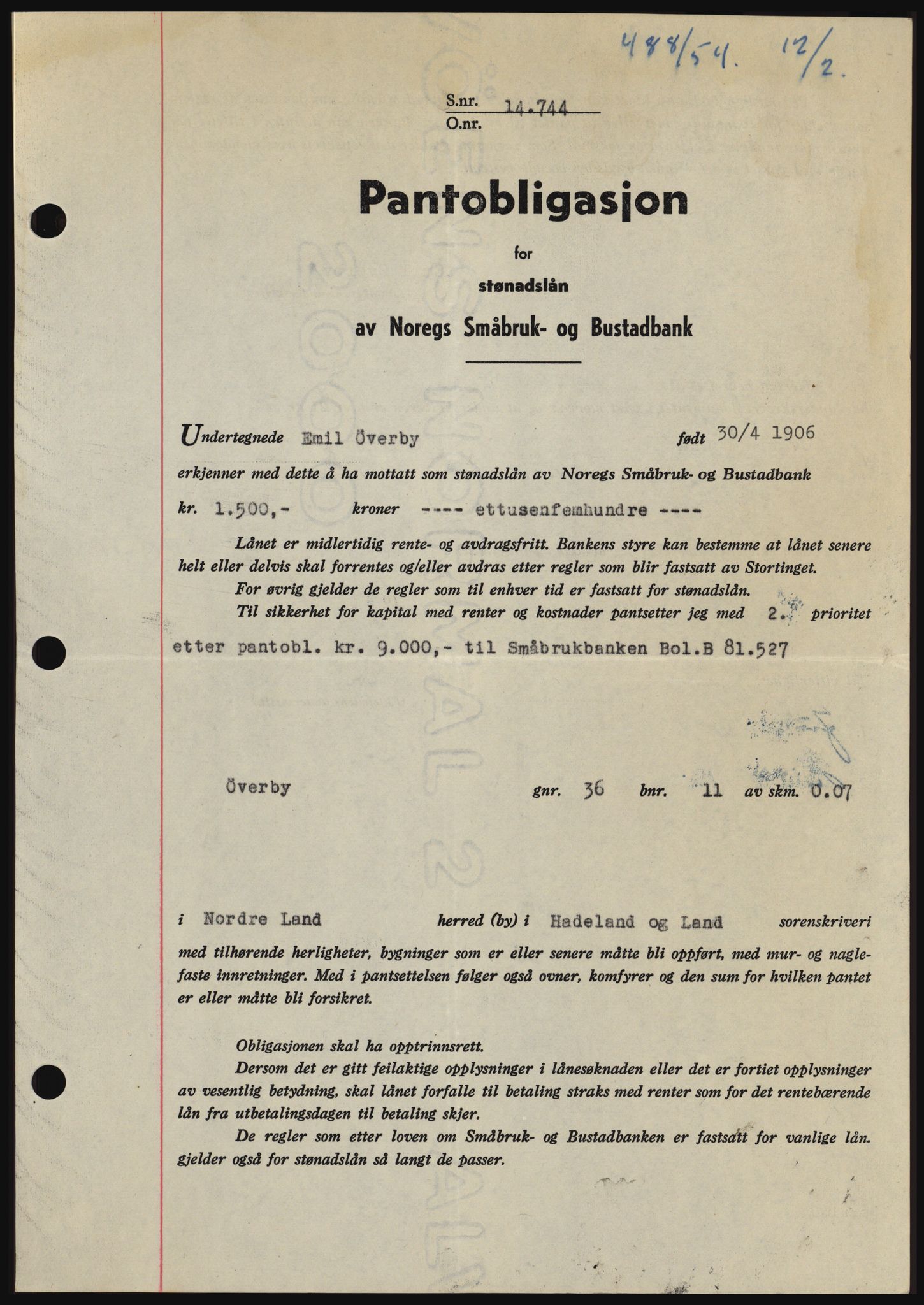 Hadeland og Land tingrett, SAH/TING-010/H/Hb/Hbc/L0029: Pantebok nr. B29, 1954-1954, Dagboknr: 488/1954