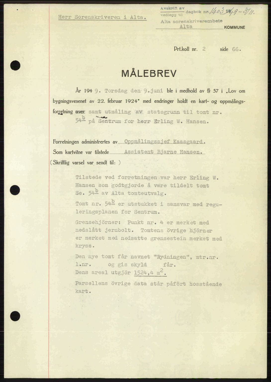 Alta fogderi/sorenskriveri, SATØ/SATØ-5/1/K/Kd/L0038pantebok: Pantebok nr. 41-42, 1949-1950, Dagboknr: 1403/1949