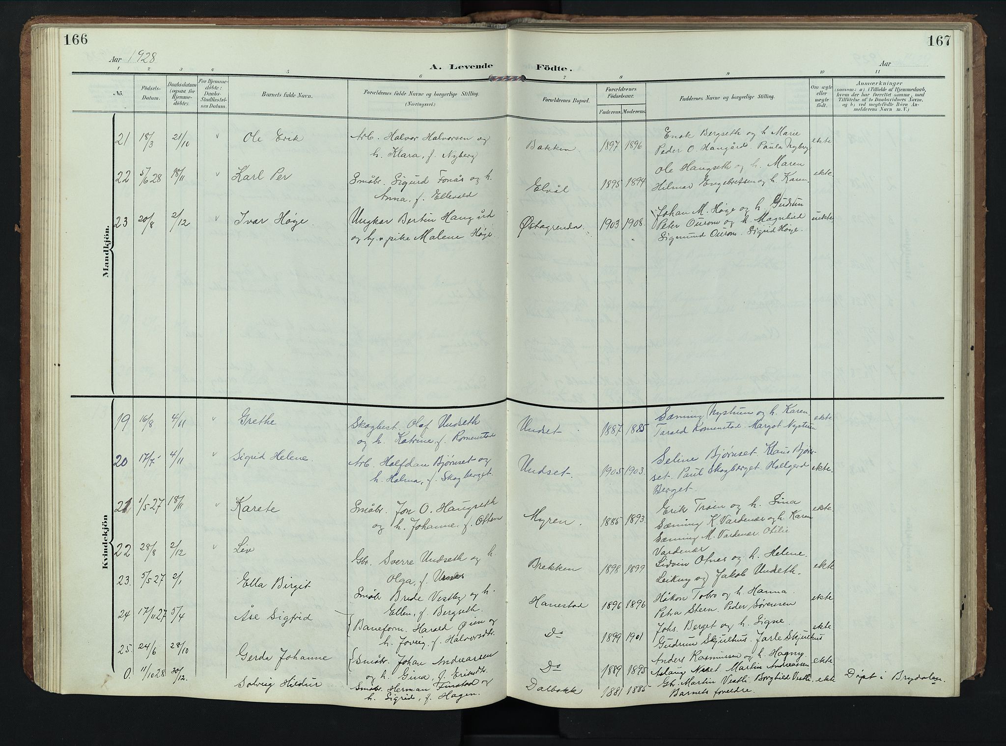 Rendalen prestekontor, AV/SAH-PREST-054/H/Ha/Hab/L0004: Klokkerbok nr. 4, 1904-1946, s. 166-167
