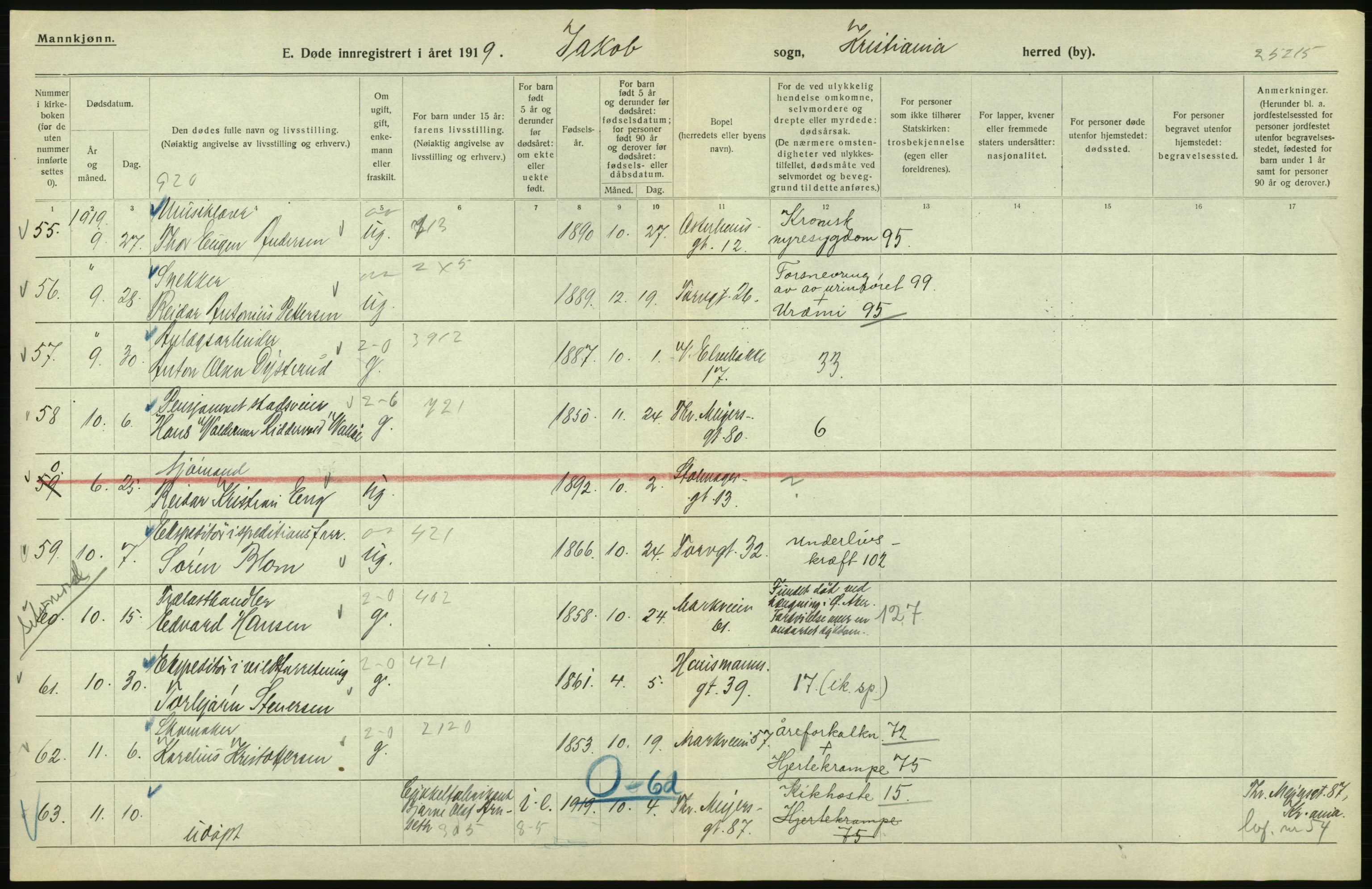 Statistisk sentralbyrå, Sosiodemografiske emner, Befolkning, RA/S-2228/D/Df/Dfb/Dfbi/L0011: Kristiania: Døde, dødfødte, 1919