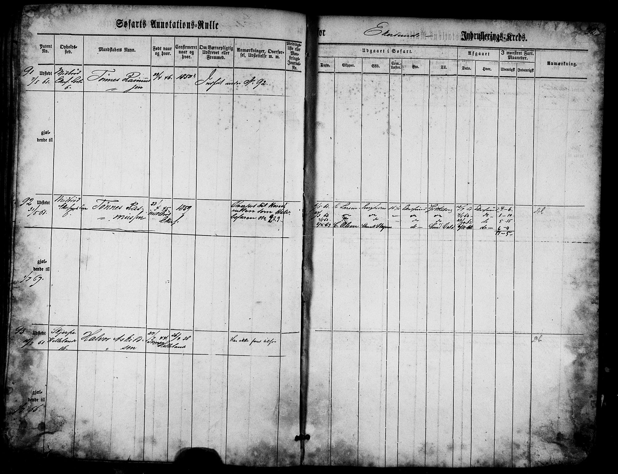 Egersund mønstringskrets, SAK/2031-0019/F/Fa/L0003: Annotasjonsrulle nr 1-285, Ø-1, 1860-1868, s. 45