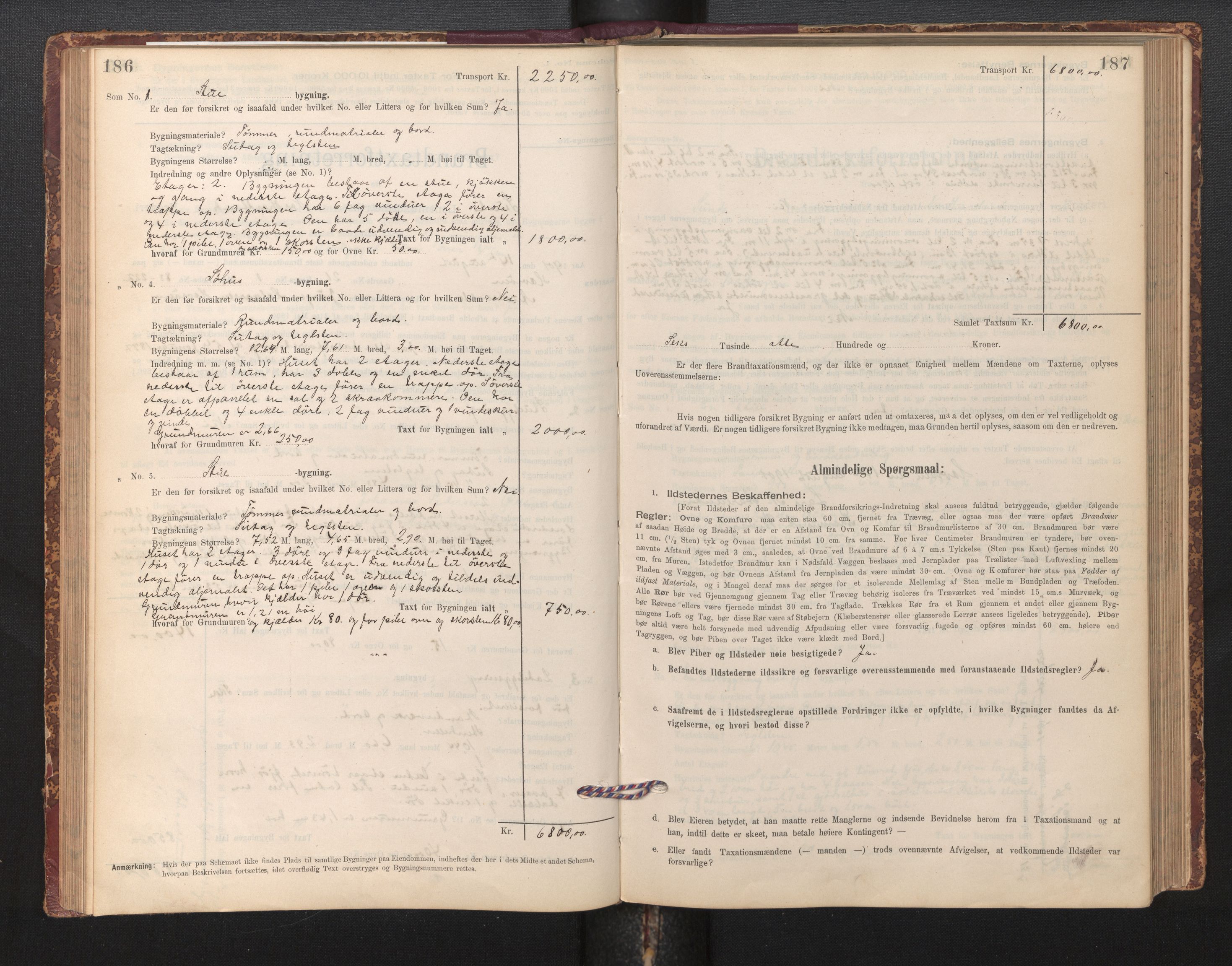 Lensmannen i Sund og Austevoll, AV/SAB-A-35201/0012/L0003: Branntakstprotokoll, skjematakst, 1894-1917, s. 186-187