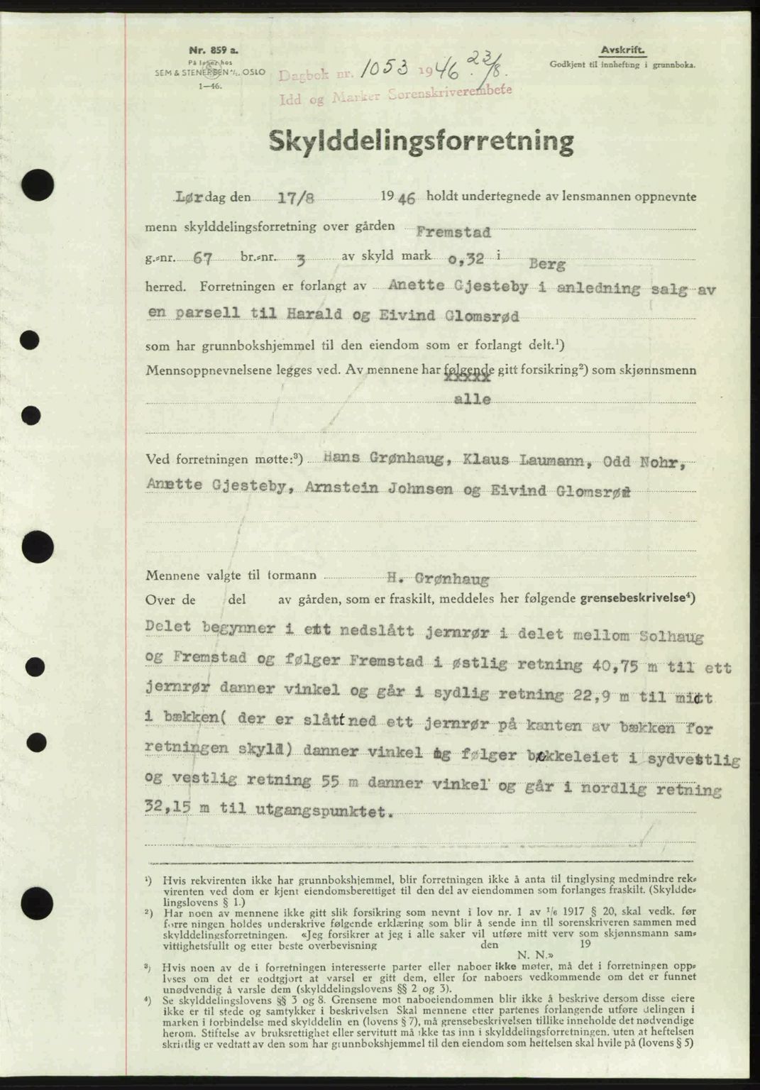 Idd og Marker sorenskriveri, SAO/A-10283/G/Gb/Gbb/L0008: Pantebok nr. A8, 1946-1946, Dagboknr: 1053/1946