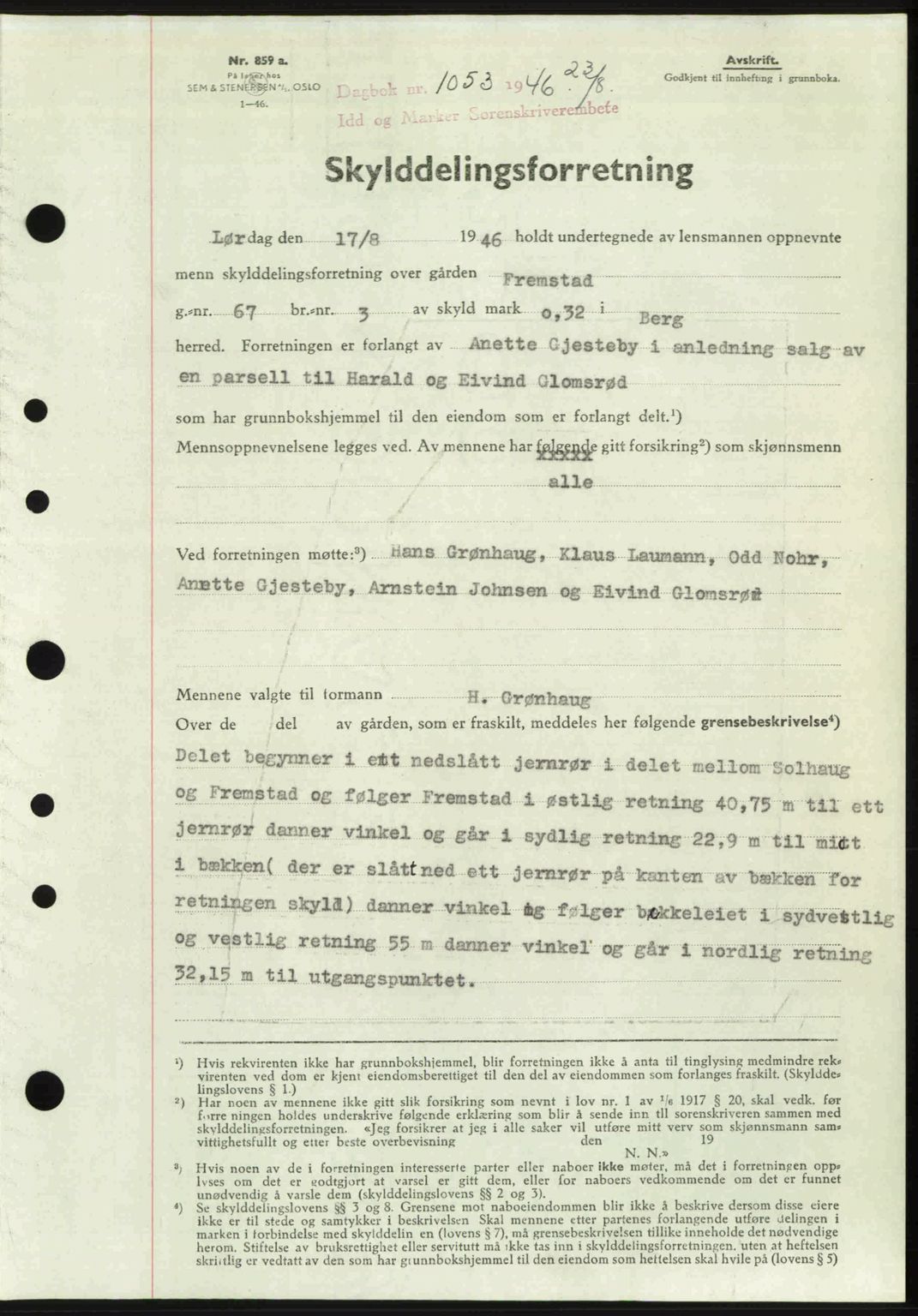 Idd og Marker sorenskriveri, AV/SAO-A-10283/G/Gb/Gbb/L0008: Pantebok nr. A8, 1946-1946, Dagboknr: 1053/1946