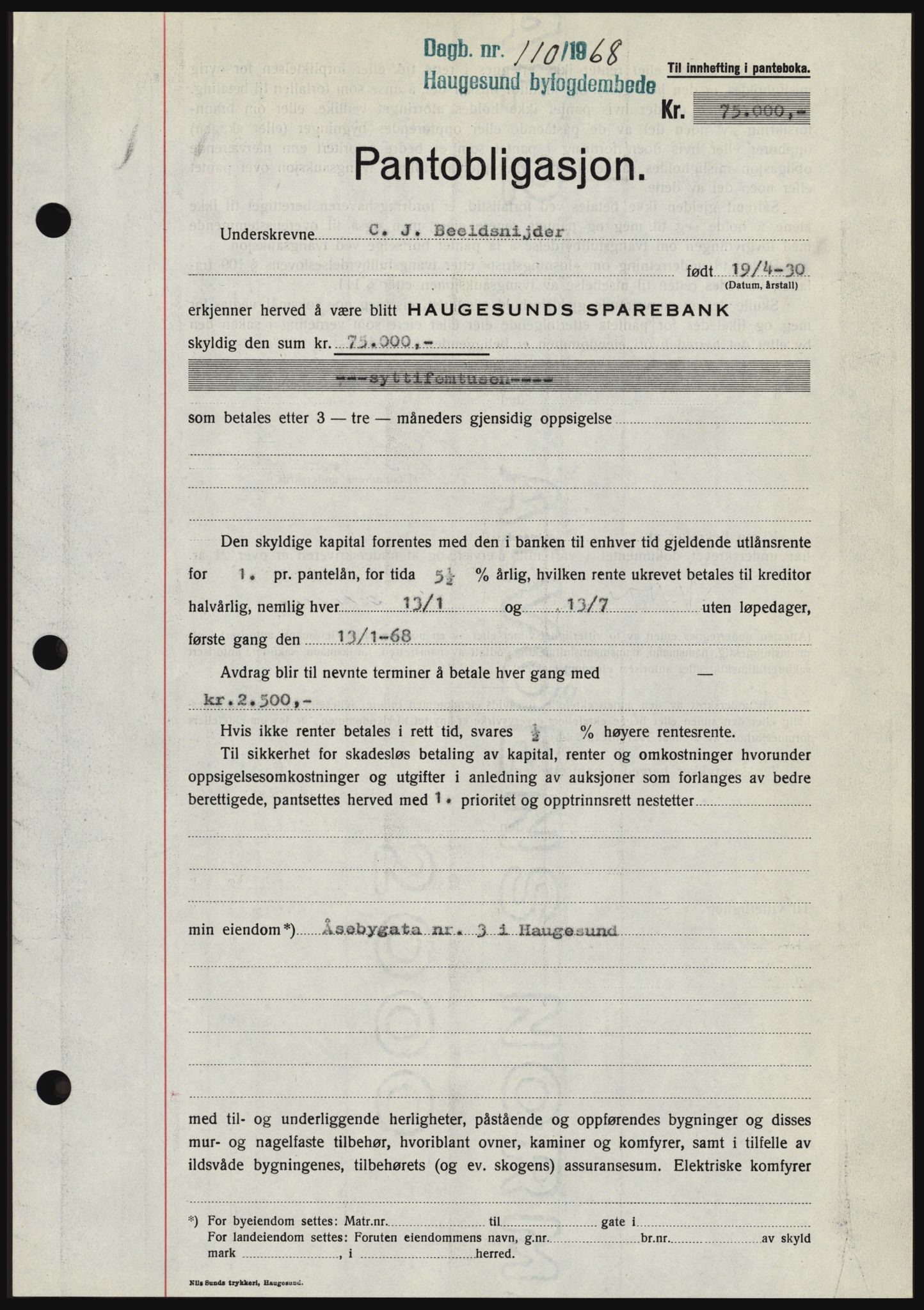 Haugesund tingrett, SAST/A-101415/01/II/IIC/L0058: Pantebok nr. B 58, 1967-1968, Dagboknr: 110/1968