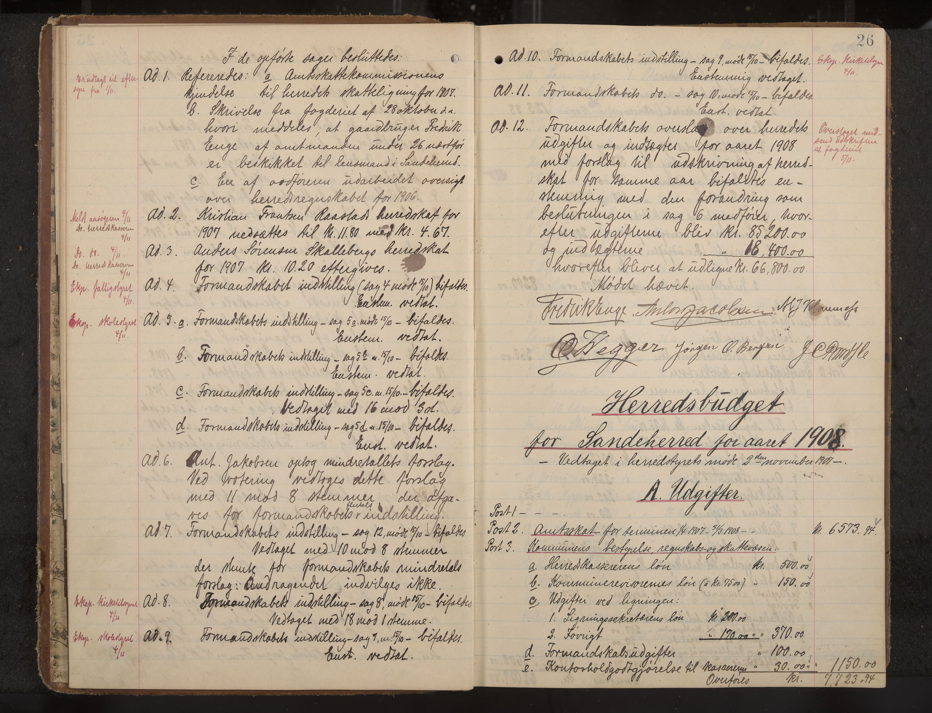 Sandar formannskap og sentraladministrasjon, IKAK/0724021/A/Aa/L0004: Møtebok med register, 1907-1914, s. 26