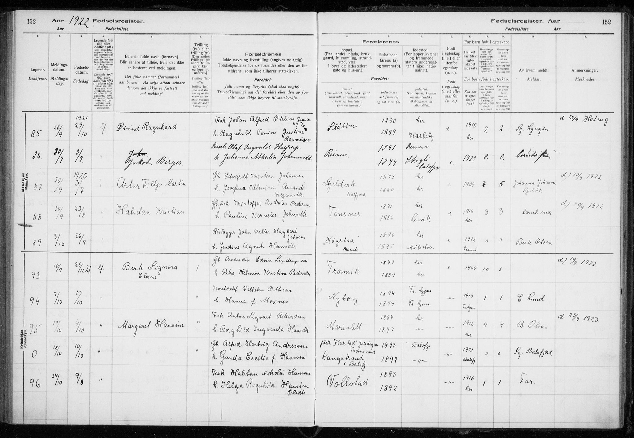 Tromsøysund sokneprestkontor, AV/SATØ-S-1304/H/Ha/L0079: Fødselsregister nr. 79, 1916-1924, s. 152