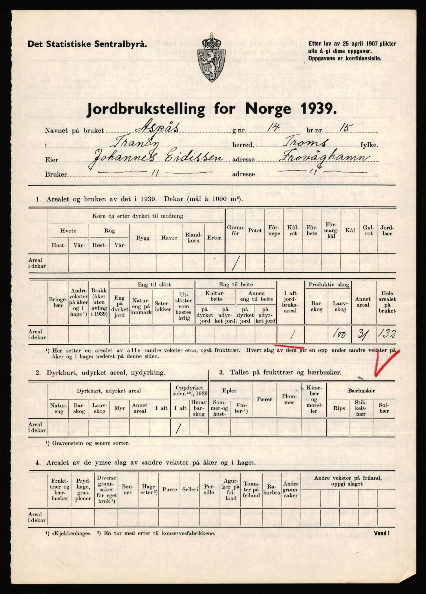 Statistisk sentralbyrå, Næringsøkonomiske emner, Jordbruk, skogbruk, jakt, fiske og fangst, AV/RA-S-2234/G/Gb/L0341: Troms: Sørreisa og Tranøy, 1939, s. 878