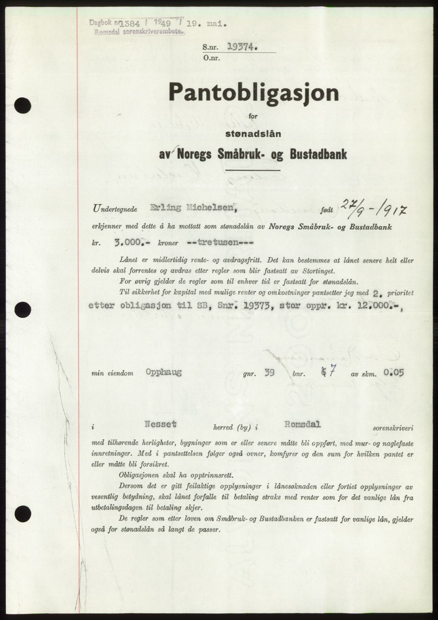 Romsdal sorenskriveri, SAT/A-4149/1/2/2C: Pantebok nr. B4, 1948-1949, Dagboknr: 1384/1949