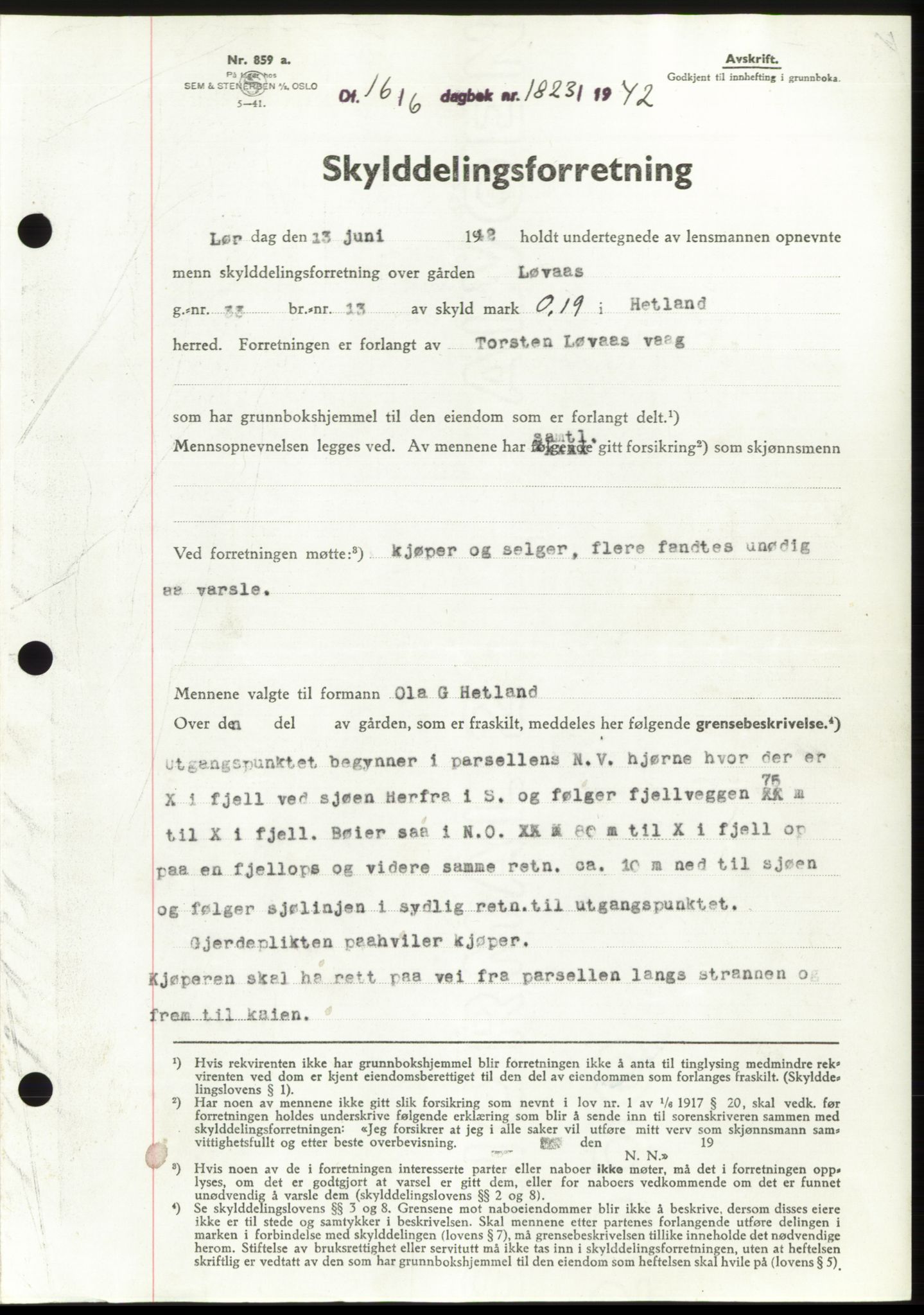 Jæren sorenskriveri, SAST/A-100310/03/G/Gba/L0082: Pantebok, 1942-1942, Dagboknr: 1823/1942