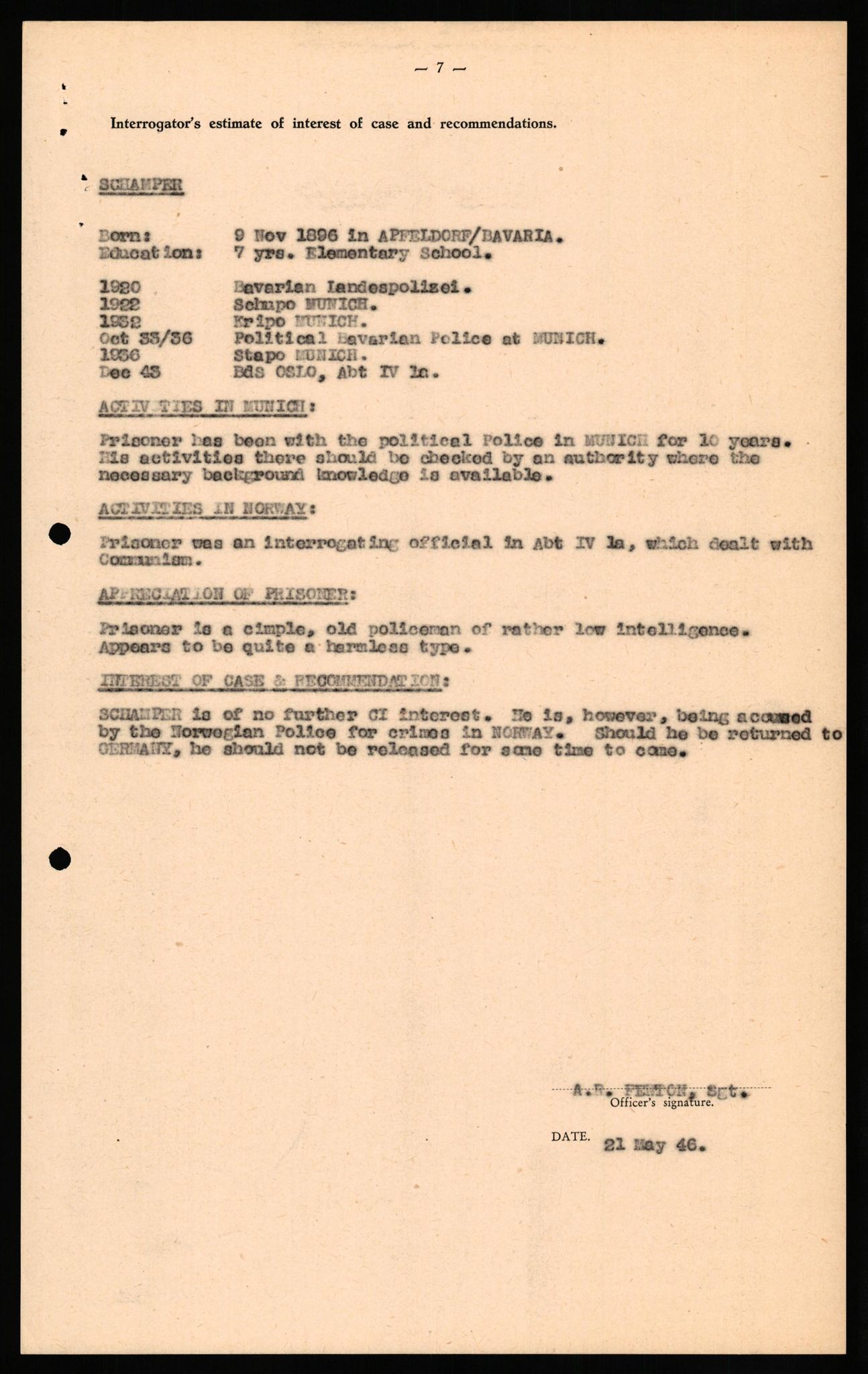 Forsvaret, Forsvarets overkommando II, RA/RAFA-3915/D/Db/L0029: CI Questionaires. Tyske okkupasjonsstyrker i Norge. Tyskere., 1945-1946, s. 65