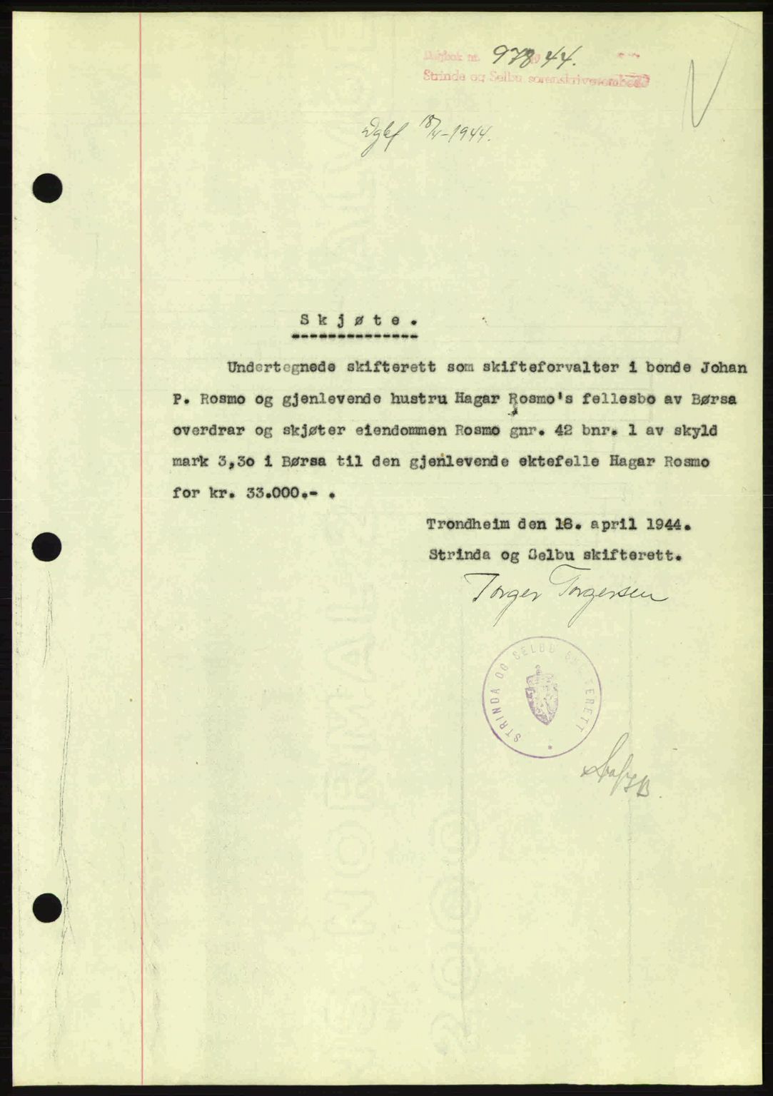 Strinda og Selbu sorenskriveri, SAT/A-0015/2/2C: Pantebok nr. A9, 1944-1945, Dagboknr: 978/1944