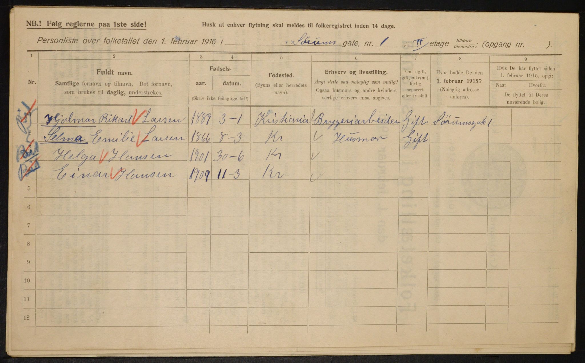 OBA, Kommunal folketelling 1.2.1916 for Kristiania, 1916, s. 109893