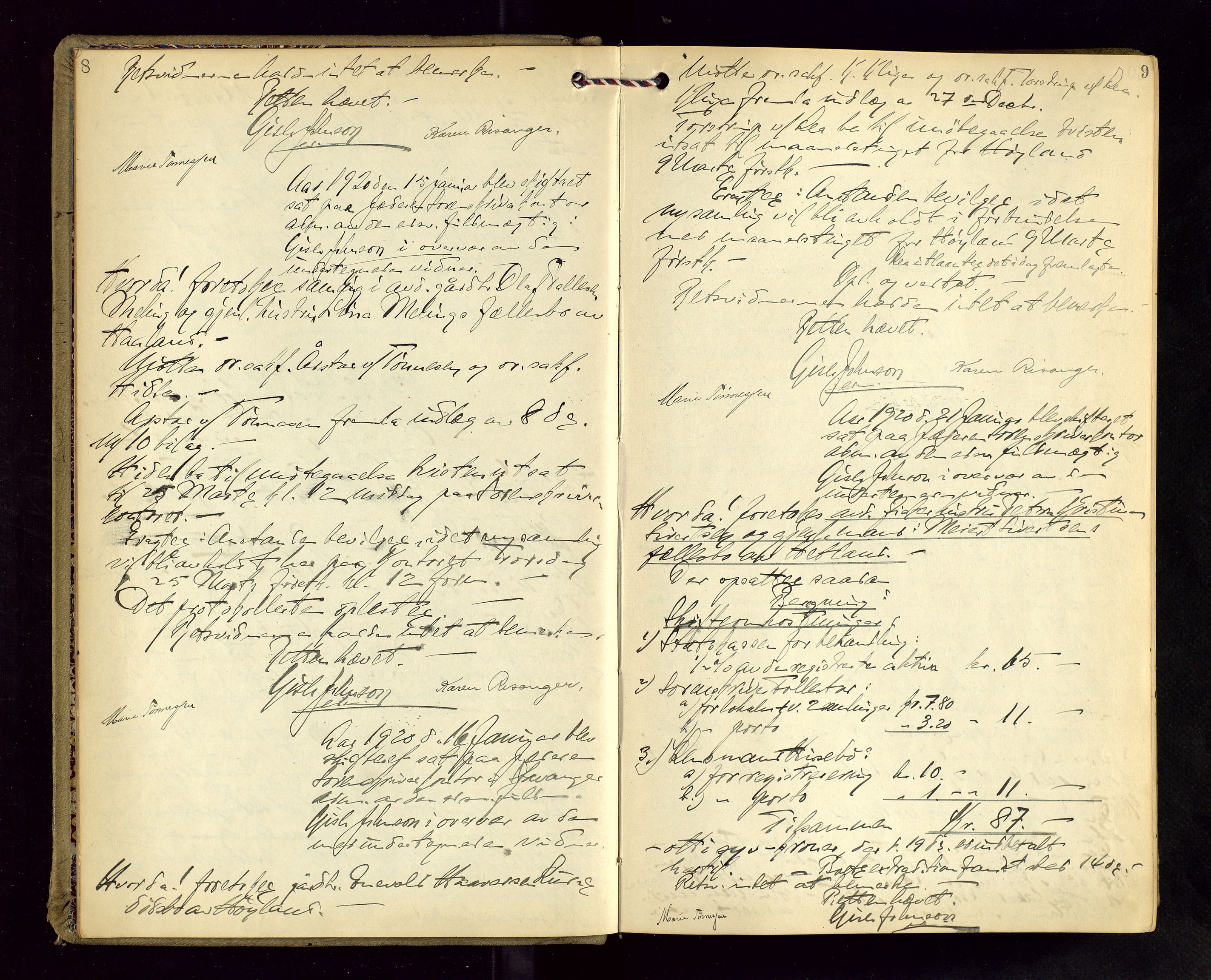 Jæren sorenskriveri, AV/SAST-A-100310/01/5/53/53BA/L0004: SKIFTEFORHANDLINGSPROTOKOLL, 1919-1925, s. 8-9