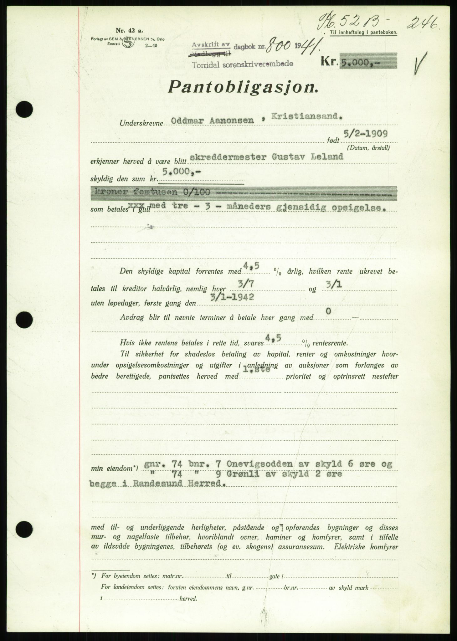 Torridal sorenskriveri, SAK/1221-0012/G/Gb/Gbb/L0008: Pantebok nr. 52b, 1940-1942, Dagboknr: 800/1941