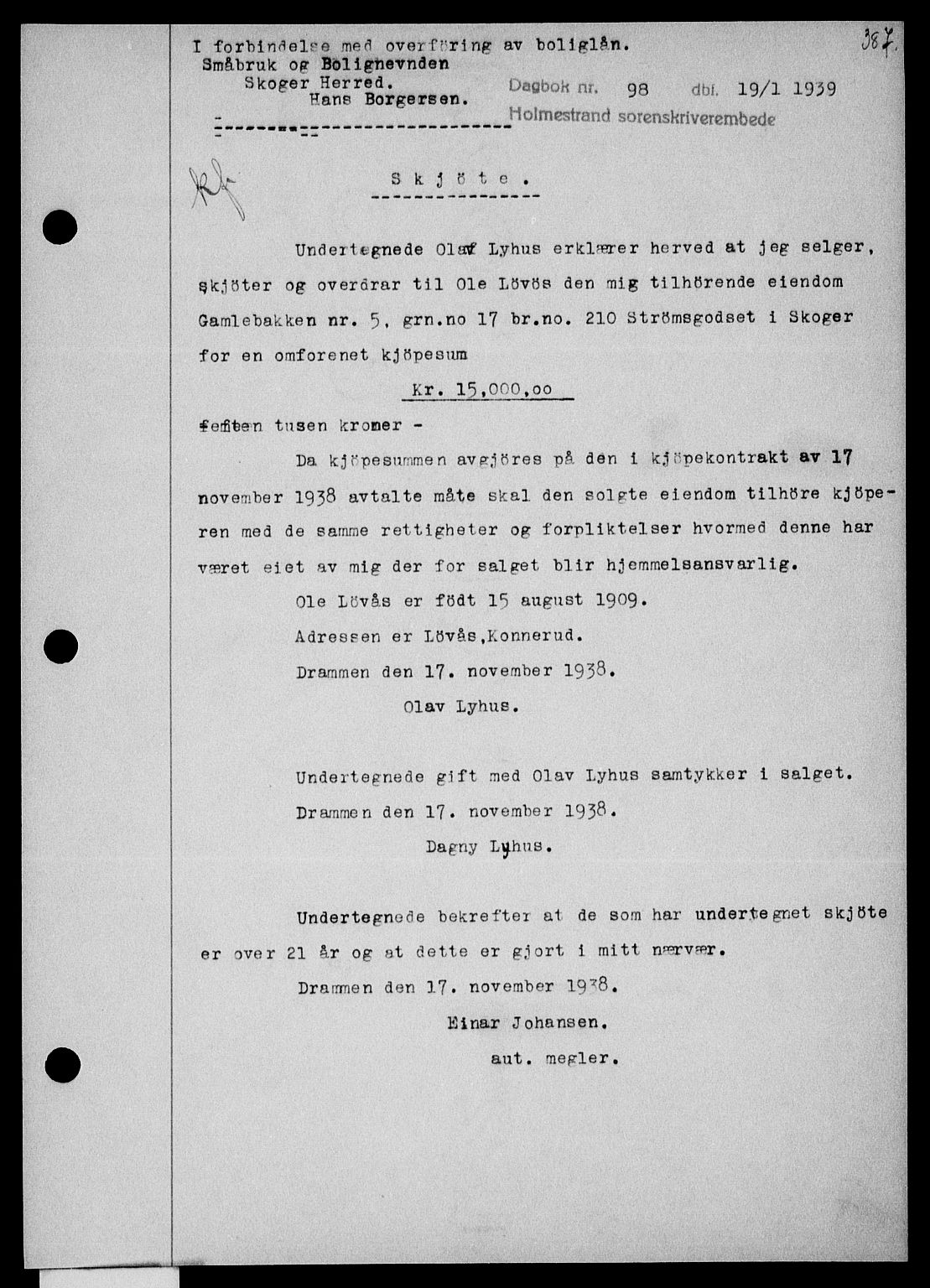 Holmestrand sorenskriveri, SAKO/A-67/G/Ga/Gaa/L0050: Pantebok nr. A-50, 1938-1939, Dagboknr: 98/1939
