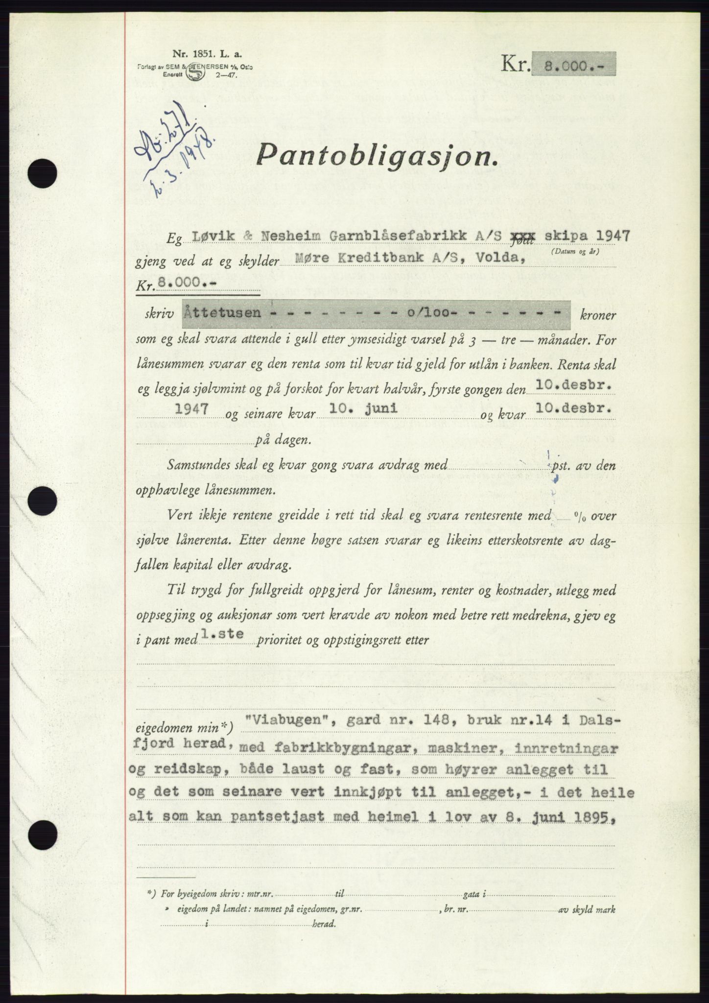 Søre Sunnmøre sorenskriveri, AV/SAT-A-4122/1/2/2C/L0115: Pantebok nr. 3B, 1947-1948, Dagboknr: 271/1948