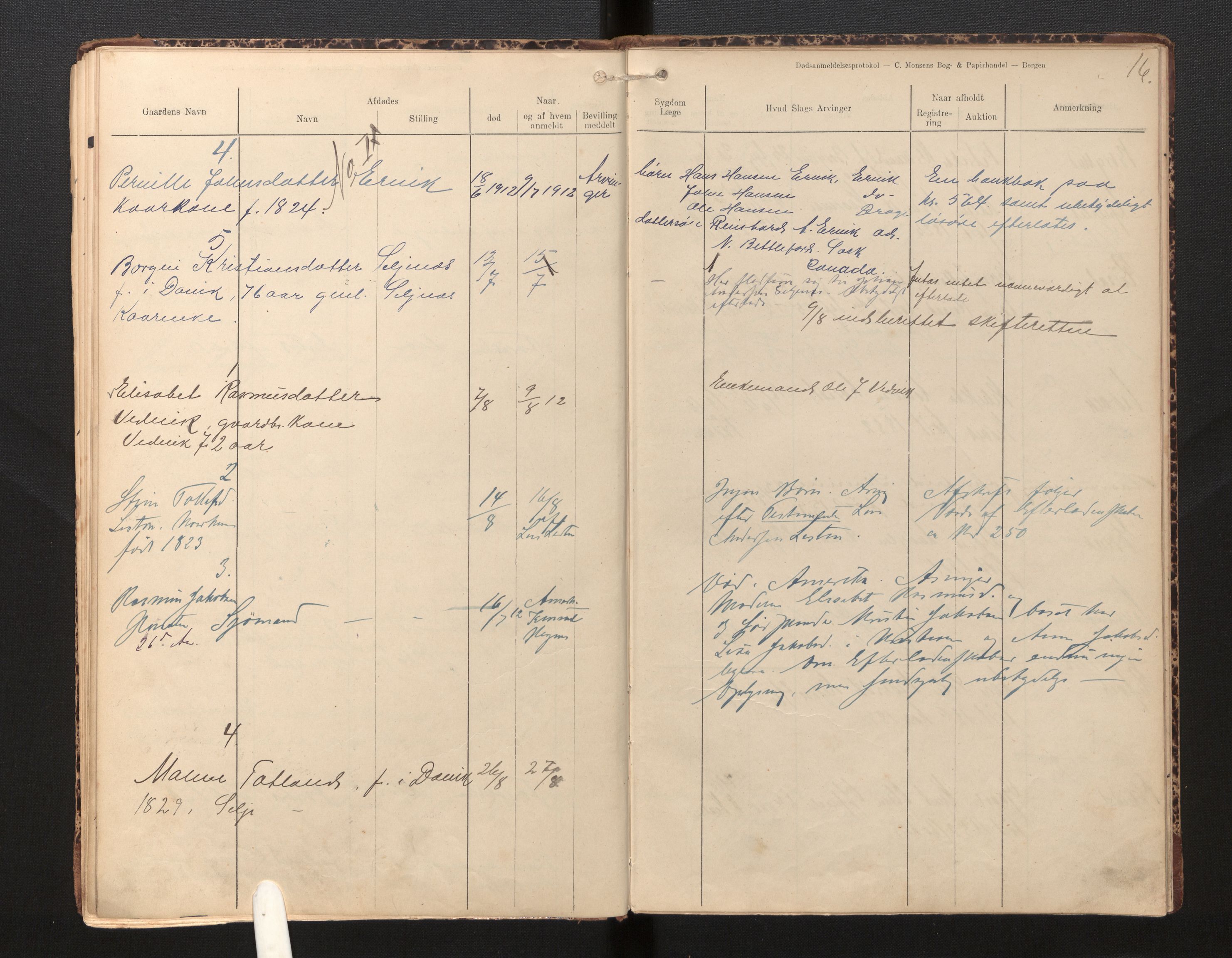 Lensmannen i Selje, AV/SAB-A-29701/0006/L0006: Dødsfallprotokoll, 1910-1916, s. 16