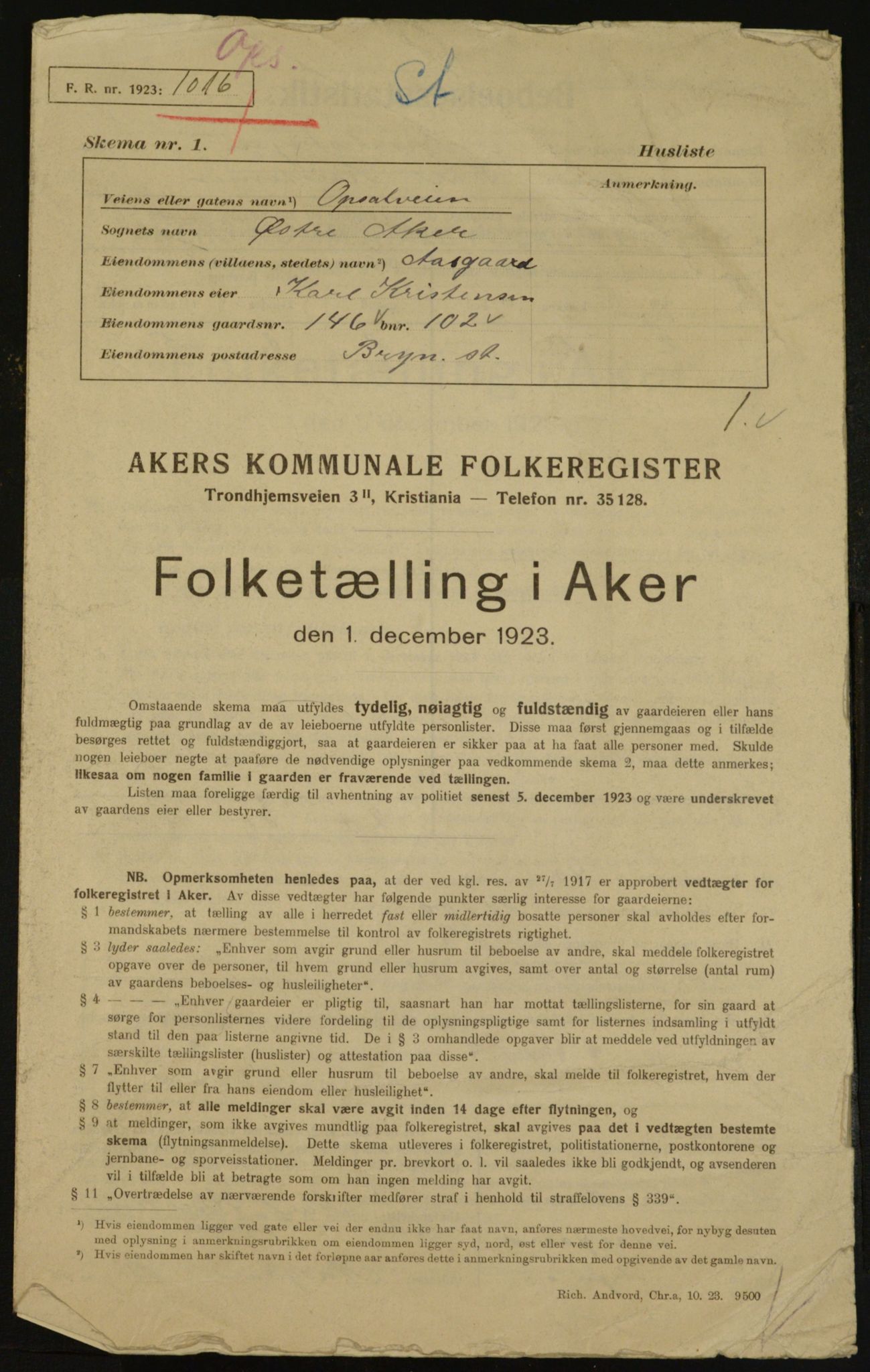 , Kommunal folketelling 1.12.1923 for Aker, 1923, s. 29029