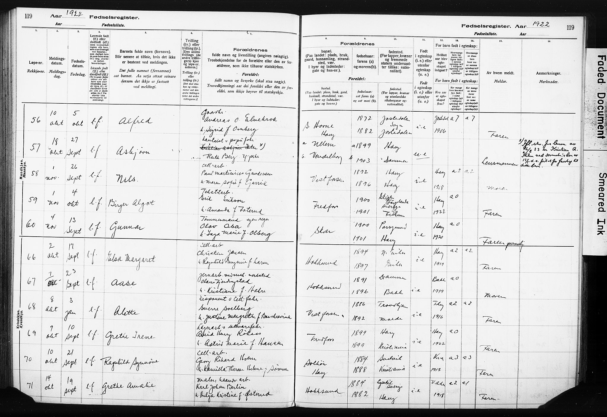 Eiker kirkebøker, AV/SAKO-A-4/J/Ja/L0001: Fødselsregister nr. I 1, 1916-1927, s. 119