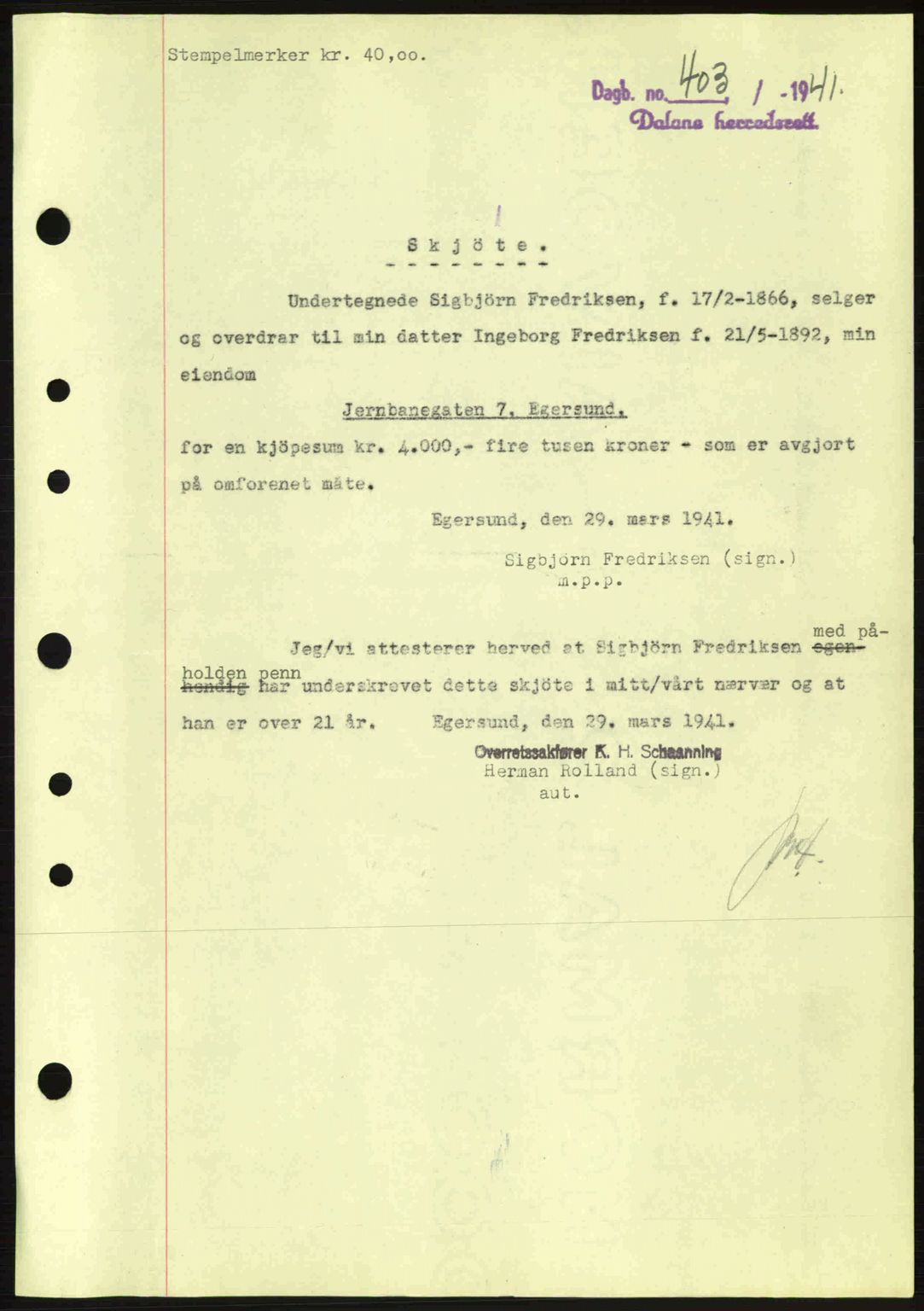 Dalane sorenskriveri, SAST/A-100309/02/G/Gb/L0044: Pantebok nr. A5, 1940-1941, Dagboknr: 403/1941