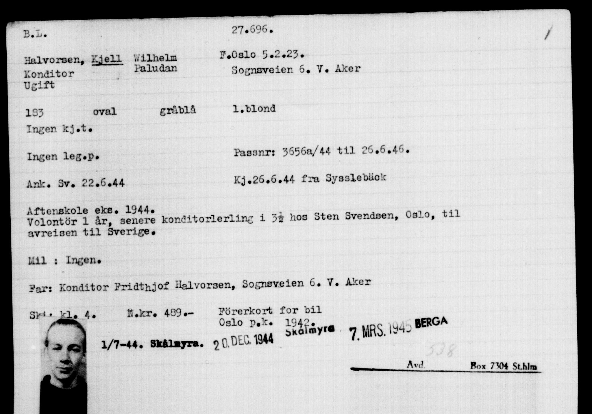 Utenriksstasjonene, Legasjonen i Stockholm, Flyktningkontoret, AV/RA-S-6753/V/Va/L0011: Kjesäterkartoteket, flyktninger med registreringsnr. 25300-28349, 1940-1945, s. 2549