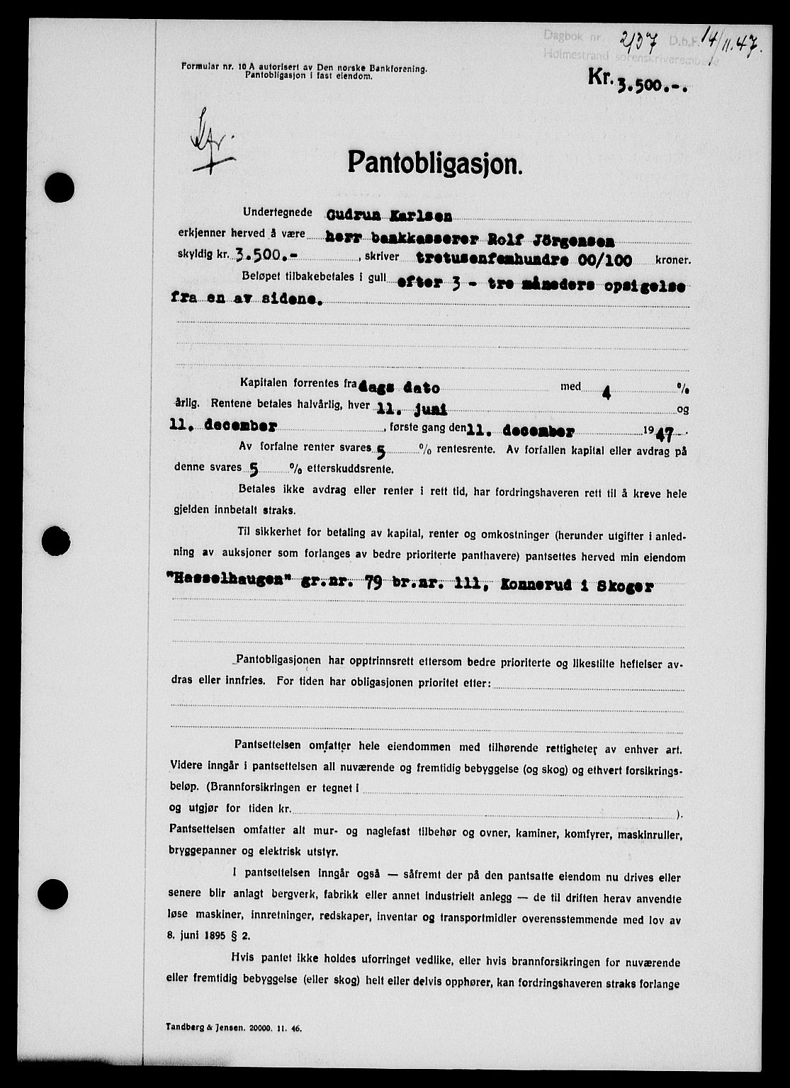 Holmestrand sorenskriveri, SAKO/A-67/G/Ga/Gab/L0058: Pantebok nr. B-58, 1947-1948, Dagboknr: 2137/1947