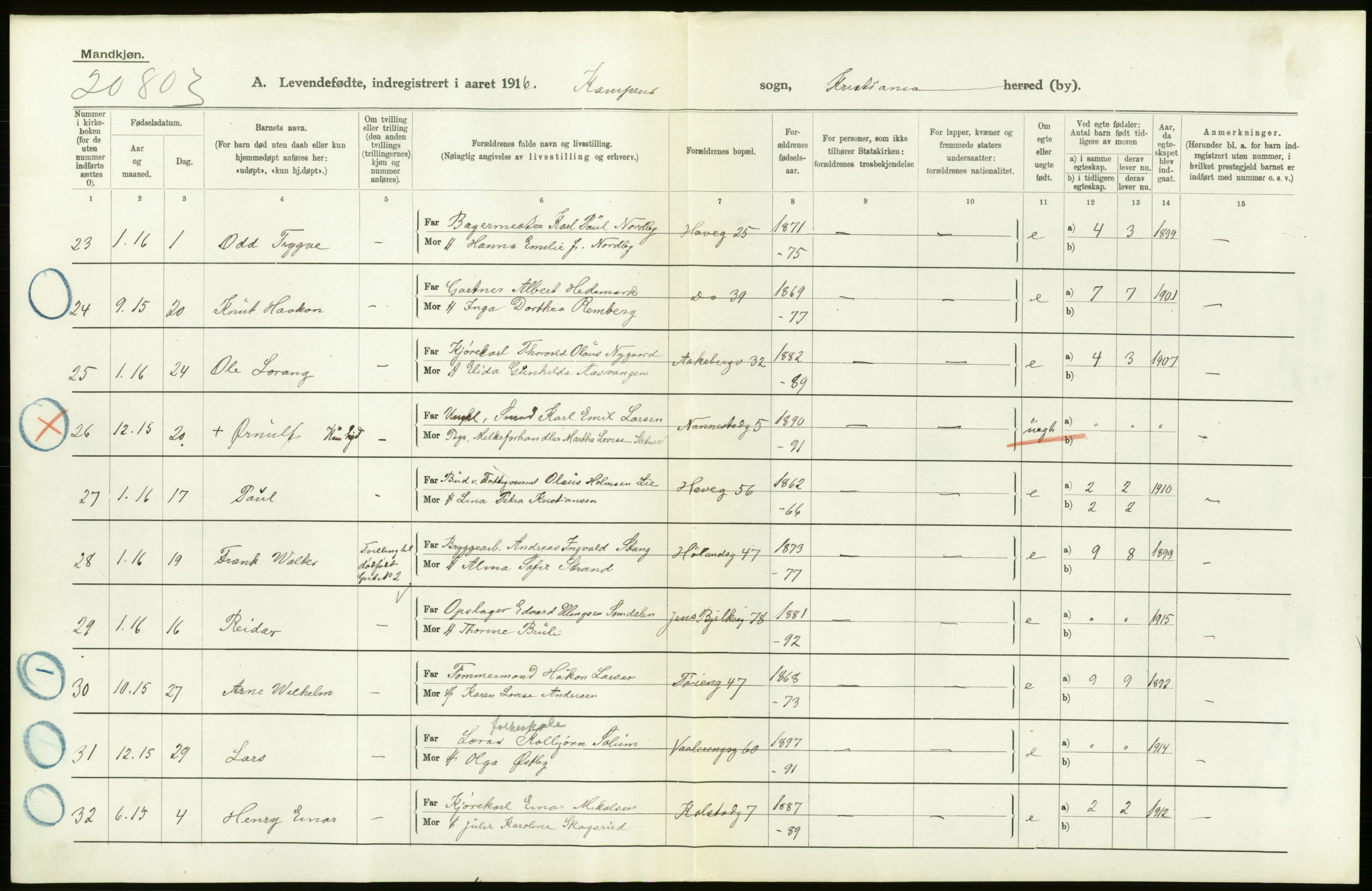 Statistisk sentralbyrå, Sosiodemografiske emner, Befolkning, AV/RA-S-2228/D/Df/Dfb/Dfbf/L0007: Kristiania: Levendefødte menn og kvinner., 1916, s. 650