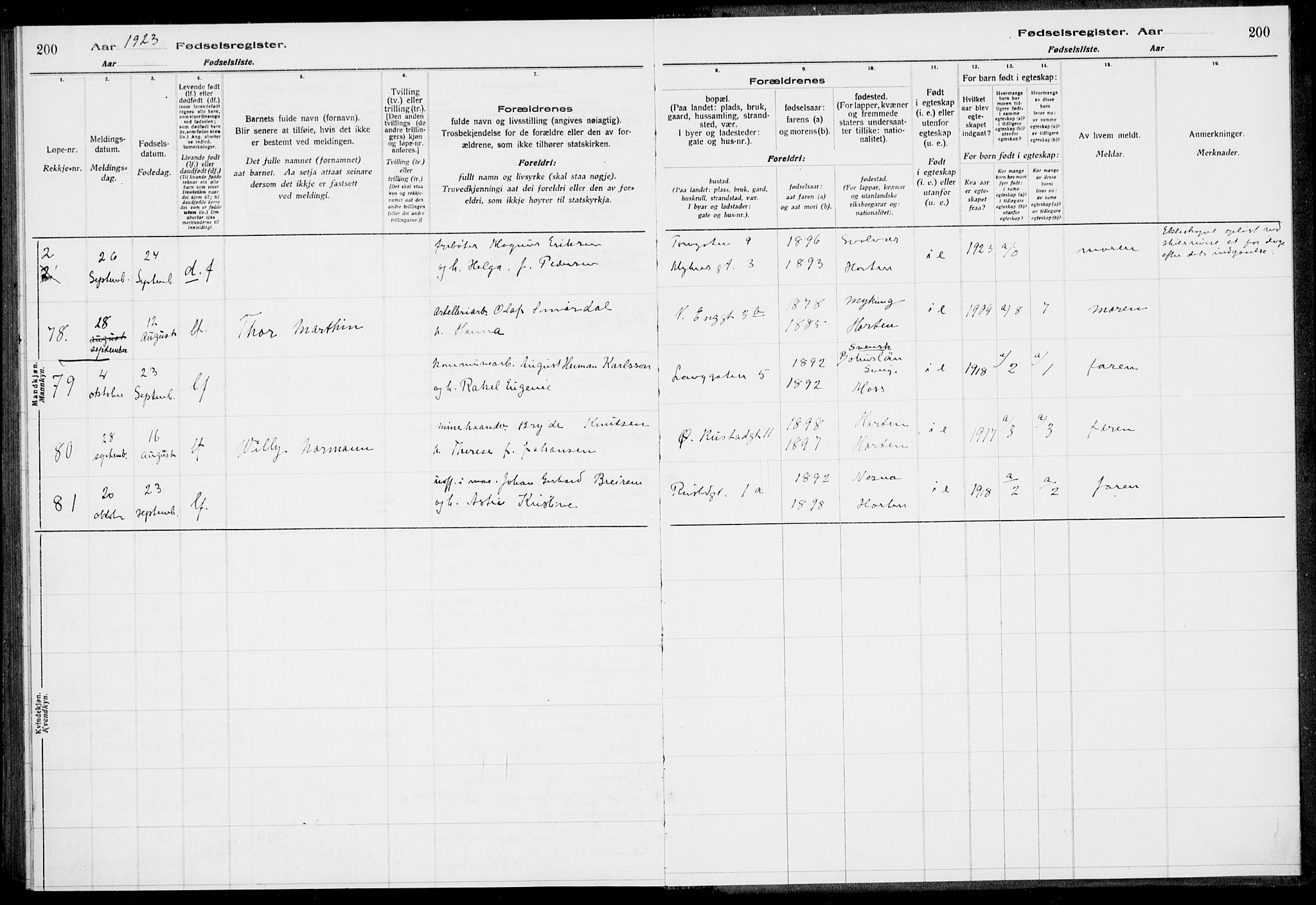 Horten kirkebøker, AV/SAKO-A-348/J/Ja/L0001: Fødselsregister nr. 1, 1916-1923, s. 200