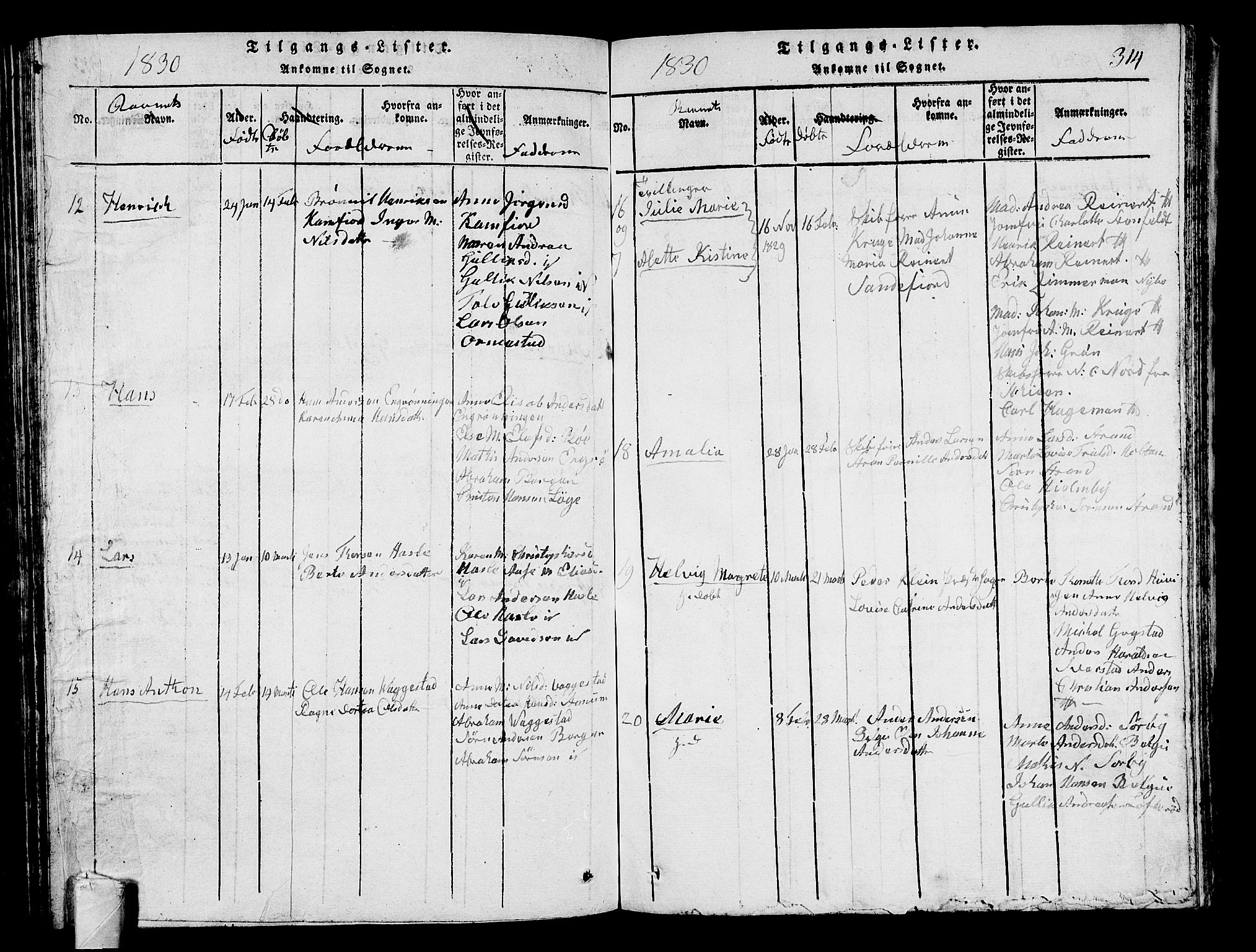 Sandar kirkebøker, AV/SAKO-A-243/G/Ga/L0001: Klokkerbok nr. 1, 1814-1835, s. 314
