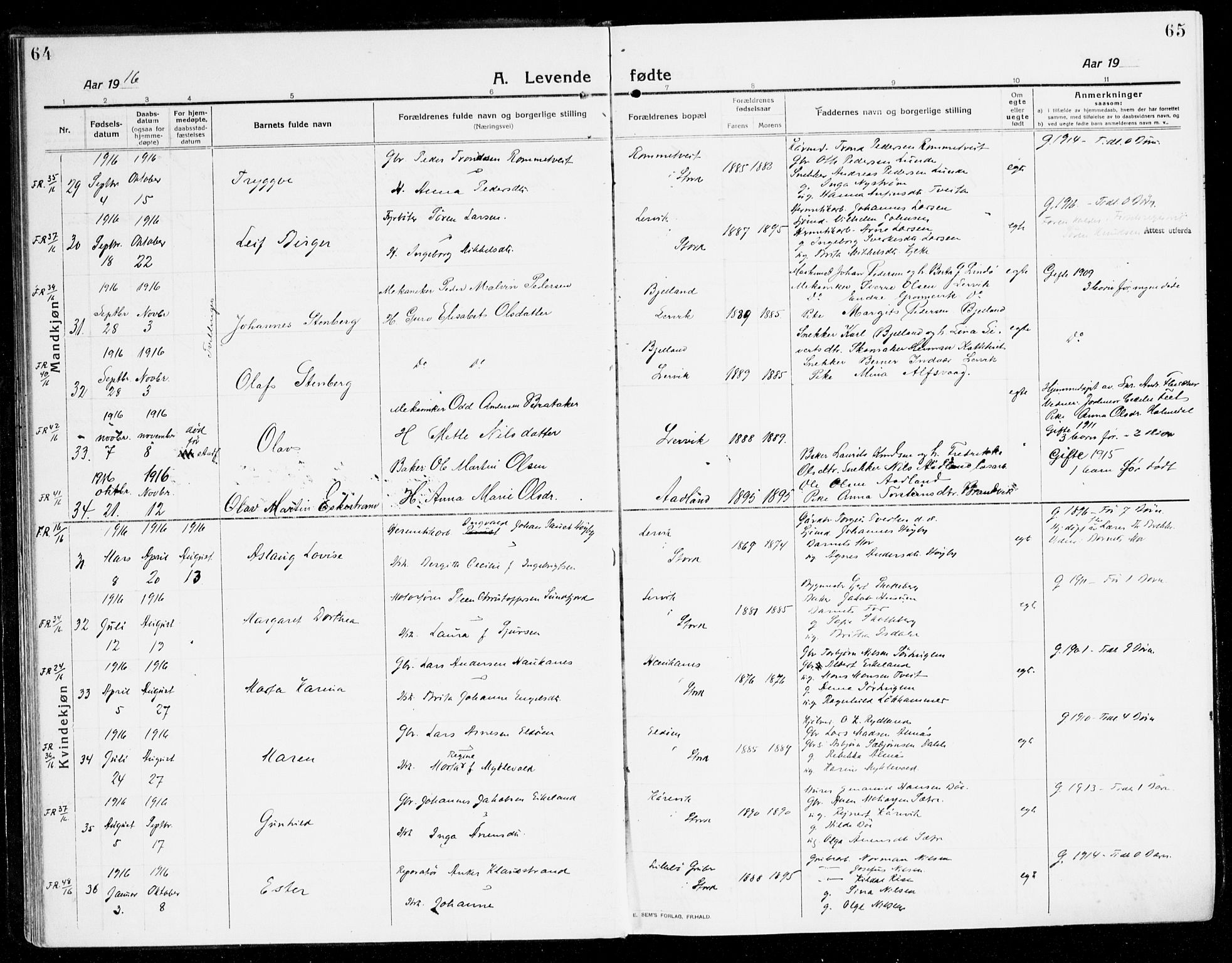 Stord sokneprestembete, AV/SAB-A-78201/H/Haa: Ministerialbok nr. B 3, 1913-1925, s. 64-65