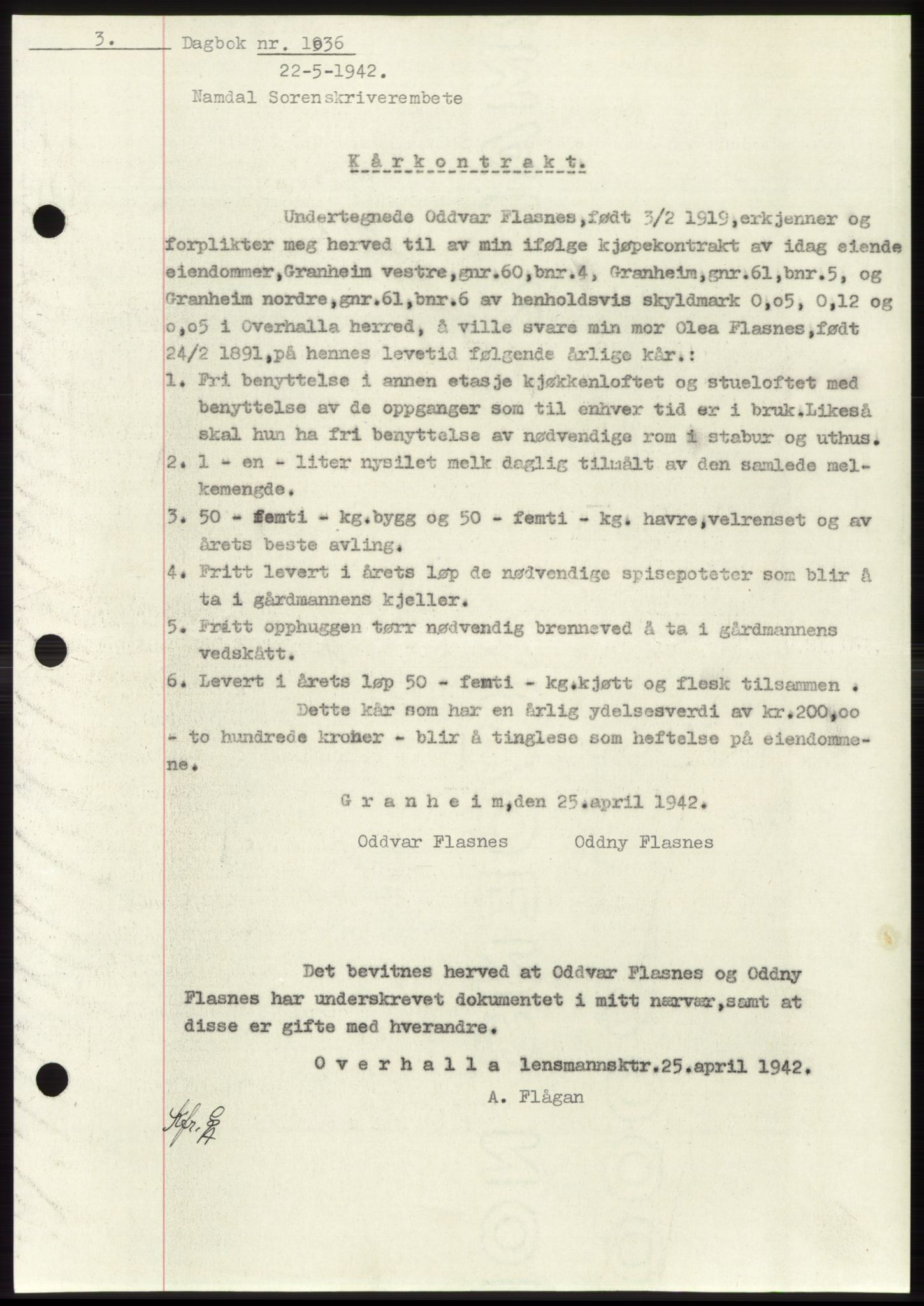 Namdal sorenskriveri, SAT/A-4133/1/2/2C: Pantebok nr. -, 1941-1942, Dagboknr: 1036/1942