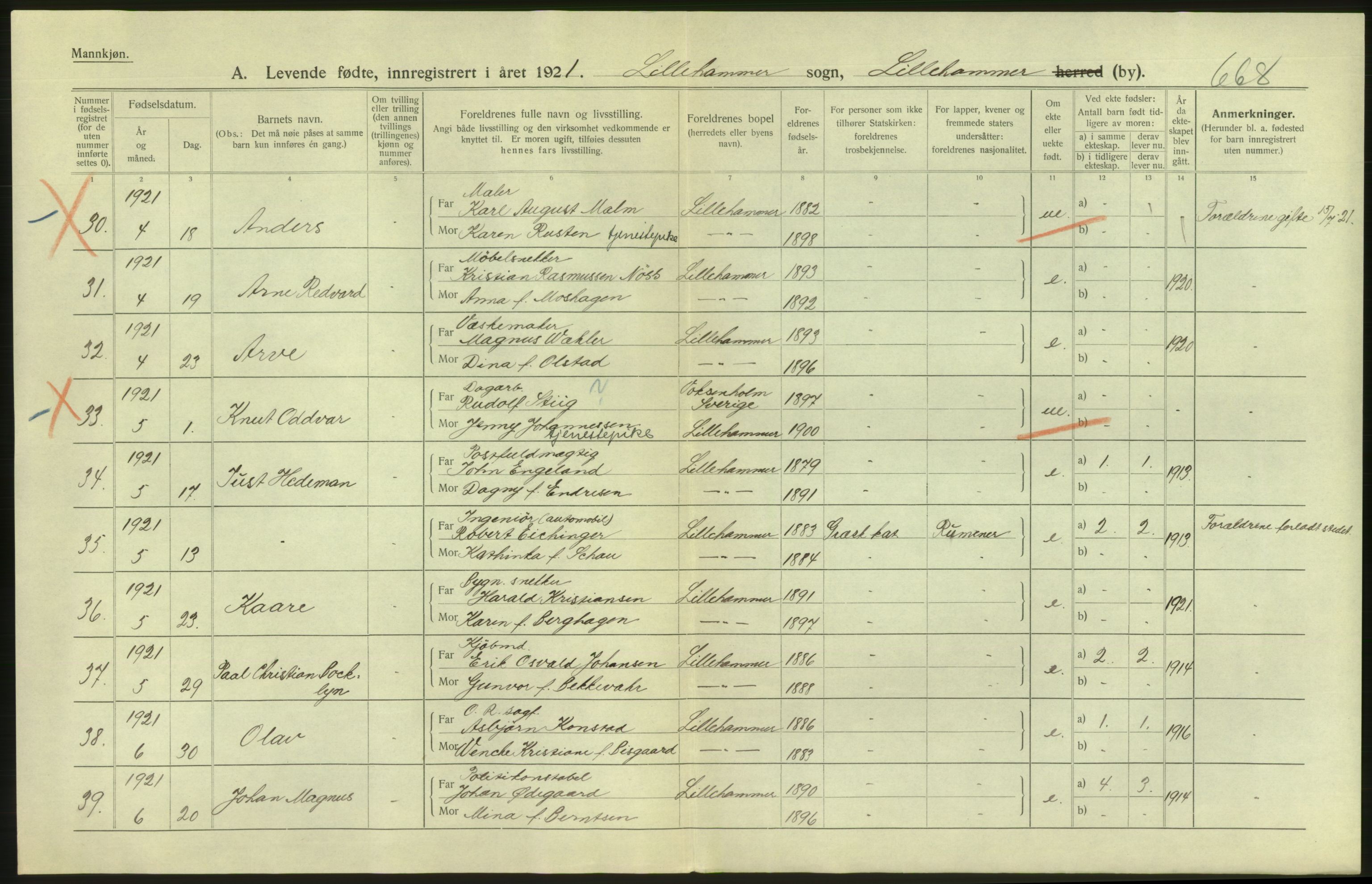 Statistisk sentralbyrå, Sosiodemografiske emner, Befolkning, RA/S-2228/D/Df/Dfc/Dfca/L0016: Oppland fylke: Levendefødte menn og kvinner. Bygder og byer., 1921, s. 782