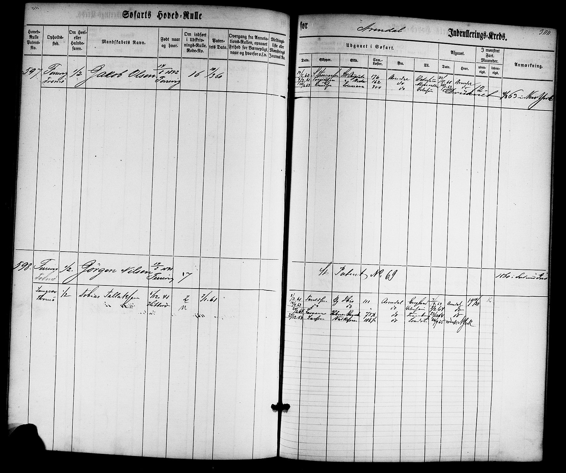 Arendal mønstringskrets, SAK/2031-0012/F/Fb/L0001: Hovedrulle nr 1-766 uten register, E-2, 1860-1868, s. 309